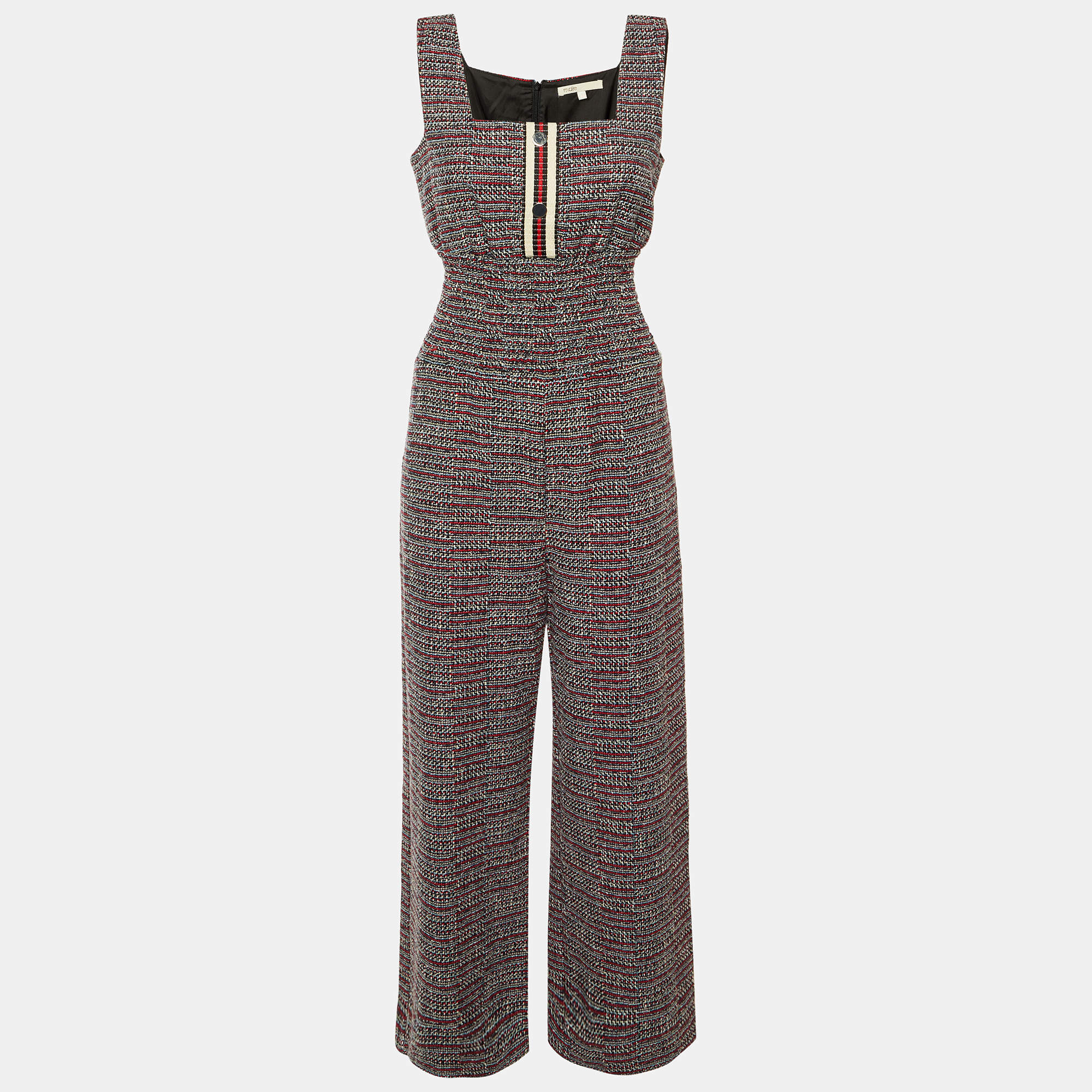 مملوكة مسبقًا Maje Navy Blue Tweed Patelle Sleeveless Jumpsuit M