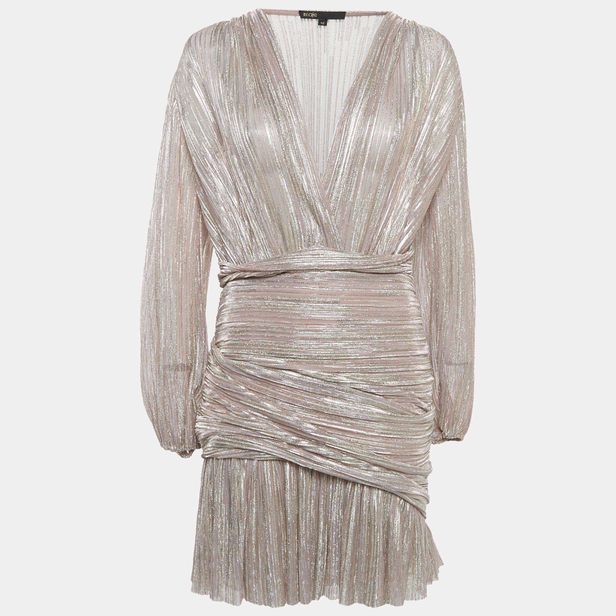 مملوكة مسبقًا Maje Pink Metallic Lurex Knit Draped V-Neck Mini Dress L