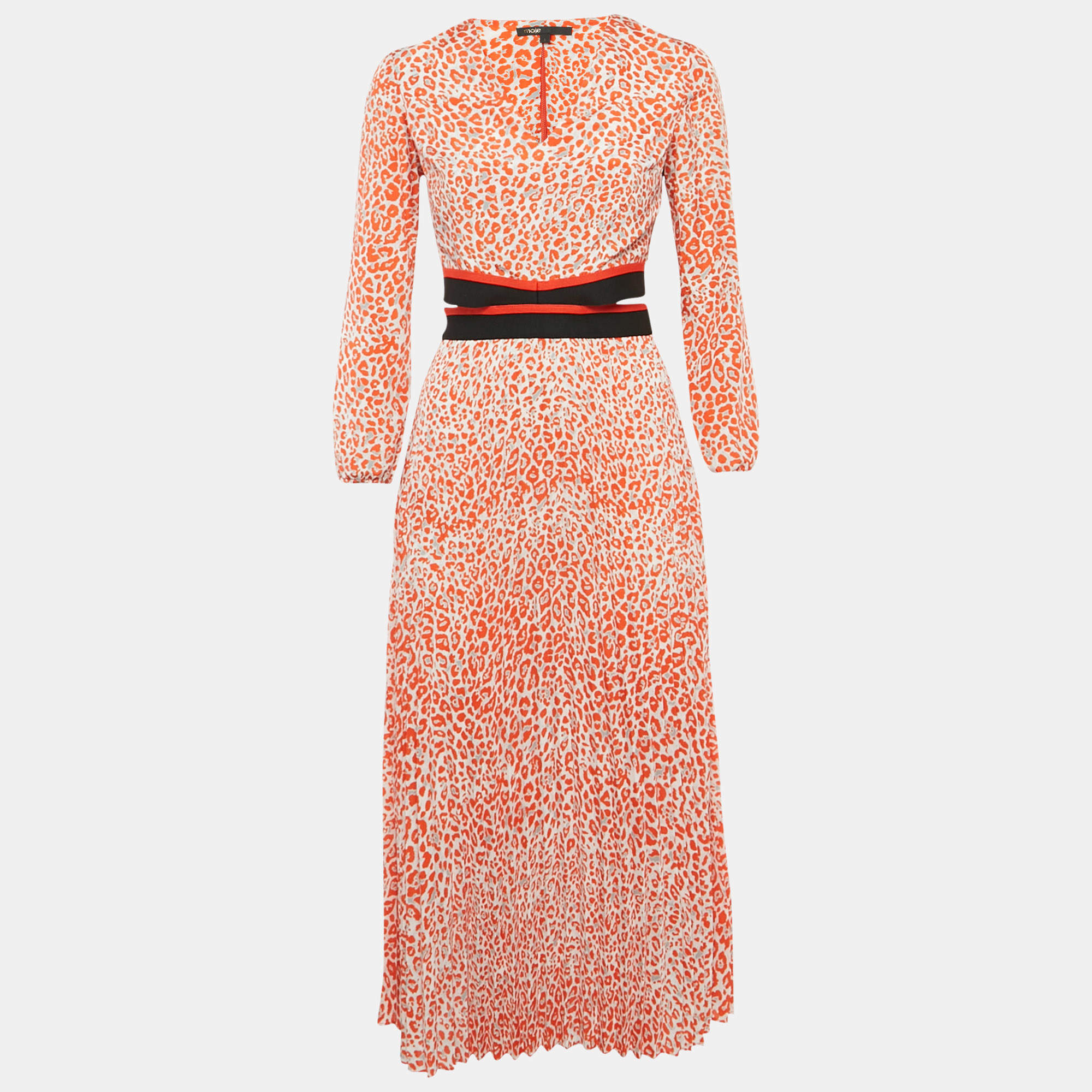 مملوكة مسبقًا Maje Orange Leopard Print Crepe Waist Cut-Out Imprime Dress 