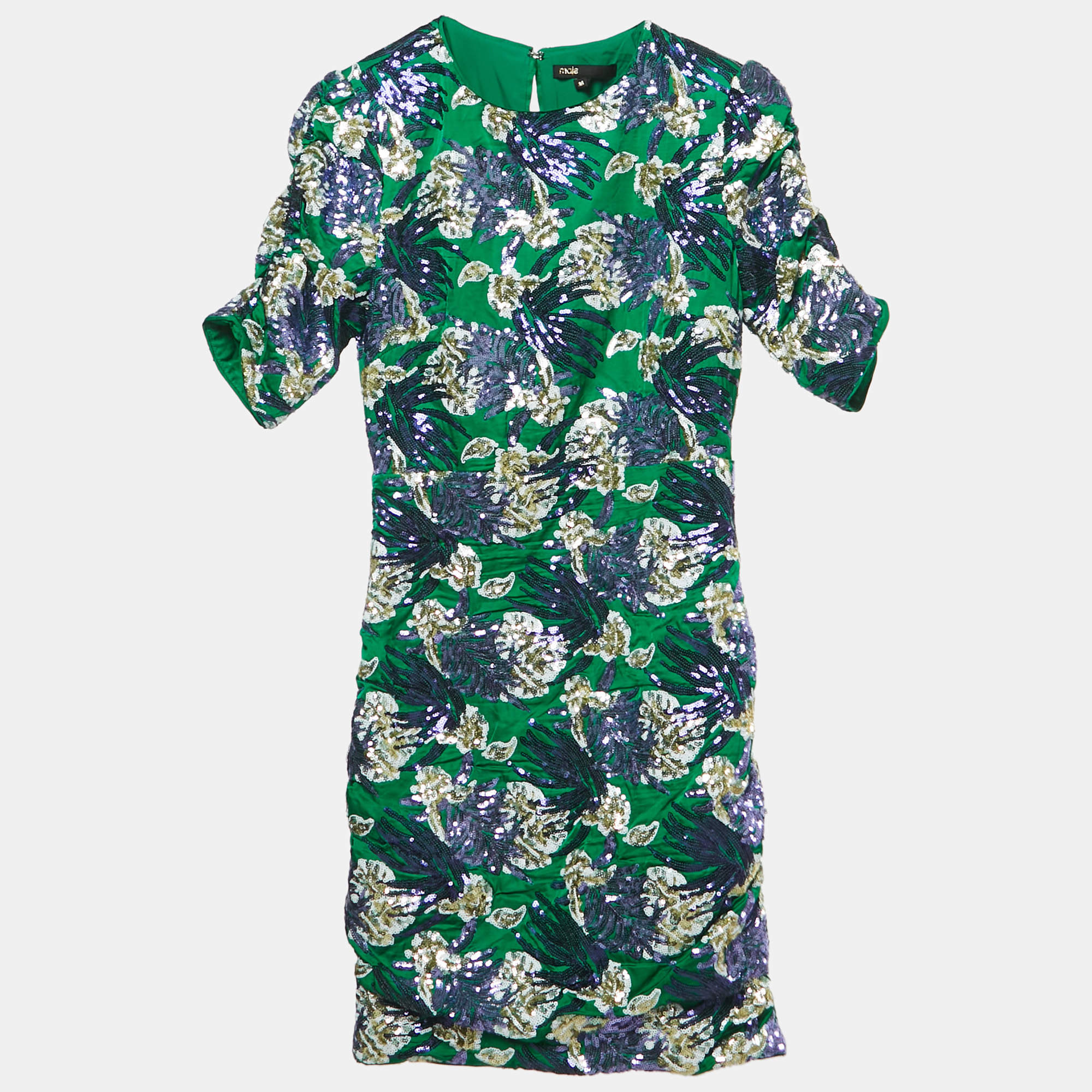 Pre Owned Maje Green Satin Blend Embroidered Sequin Mini Dress S