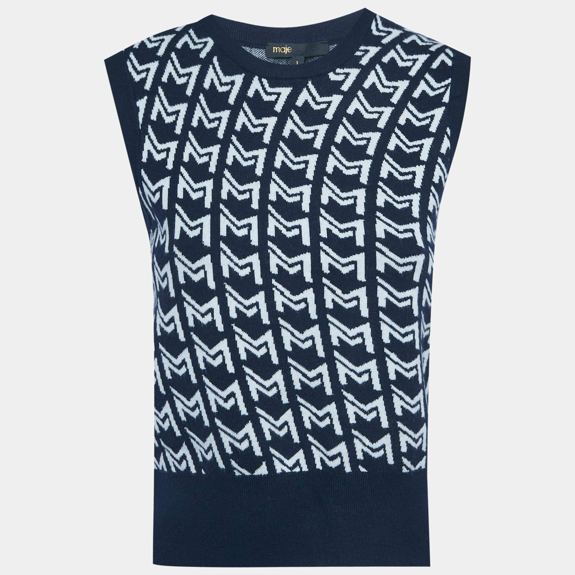 مملوكة مسبقًا ماج سترة زرقاء بدون أكمام بجاكارد مونوغرام مقاس صغير