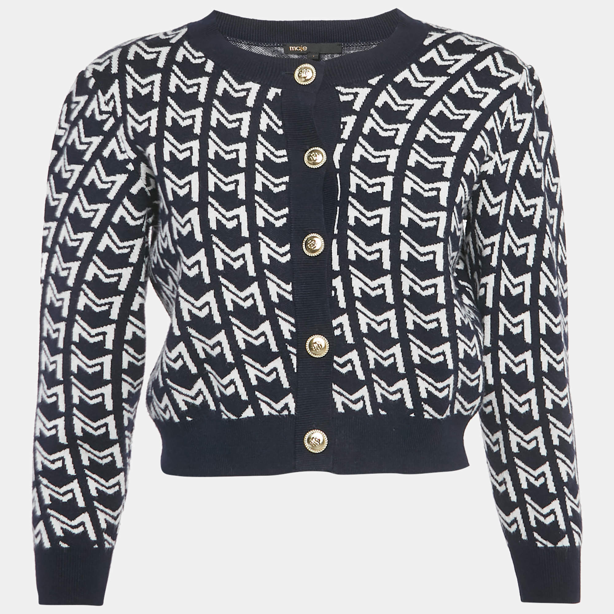 Pre Owned ماج سترة كاردغان زرقاء بنمط مونوغرام من الجاكار صغيرة