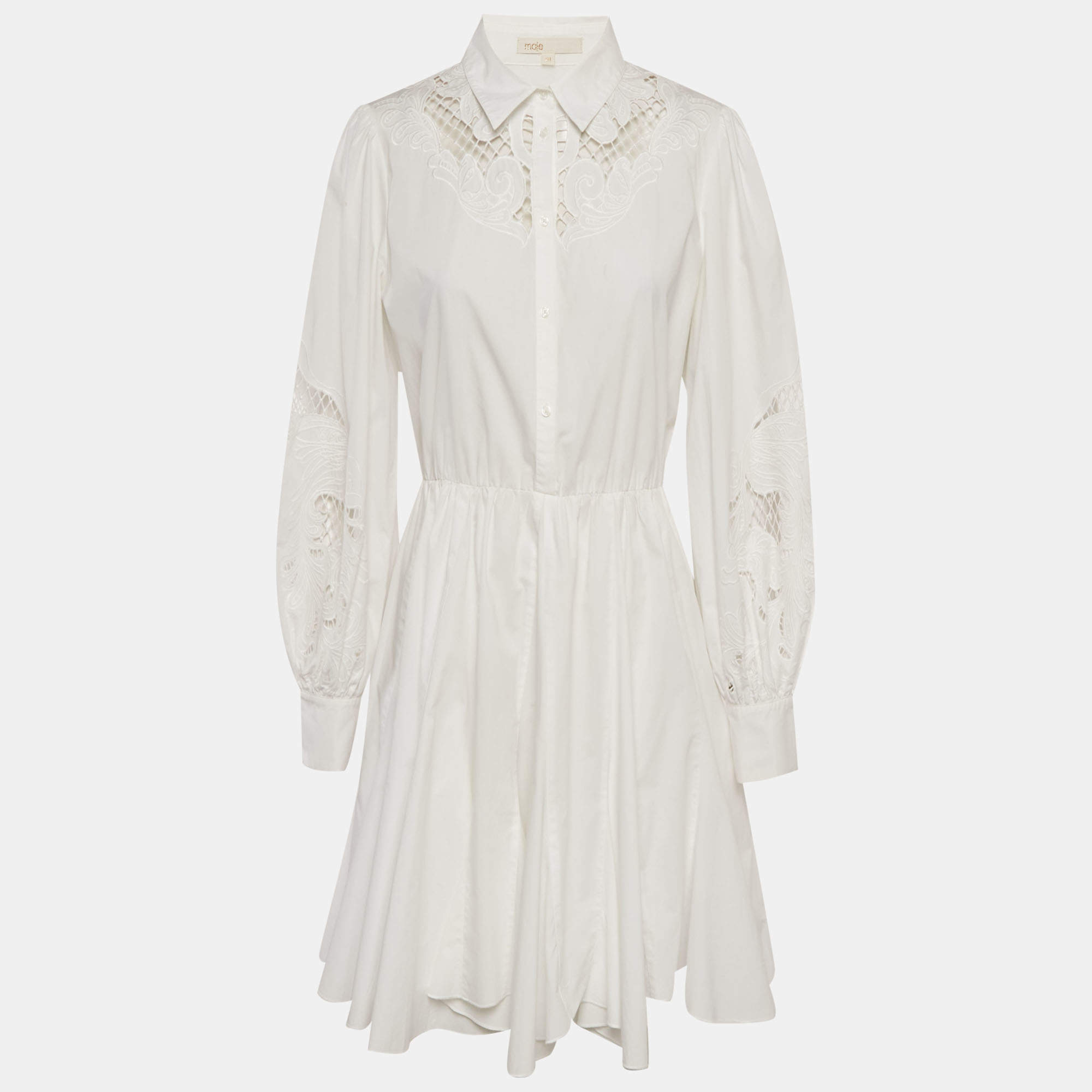 مملوكة مسبقًا Maje White Cotton Guipure Detail Flared Mini Dress M
