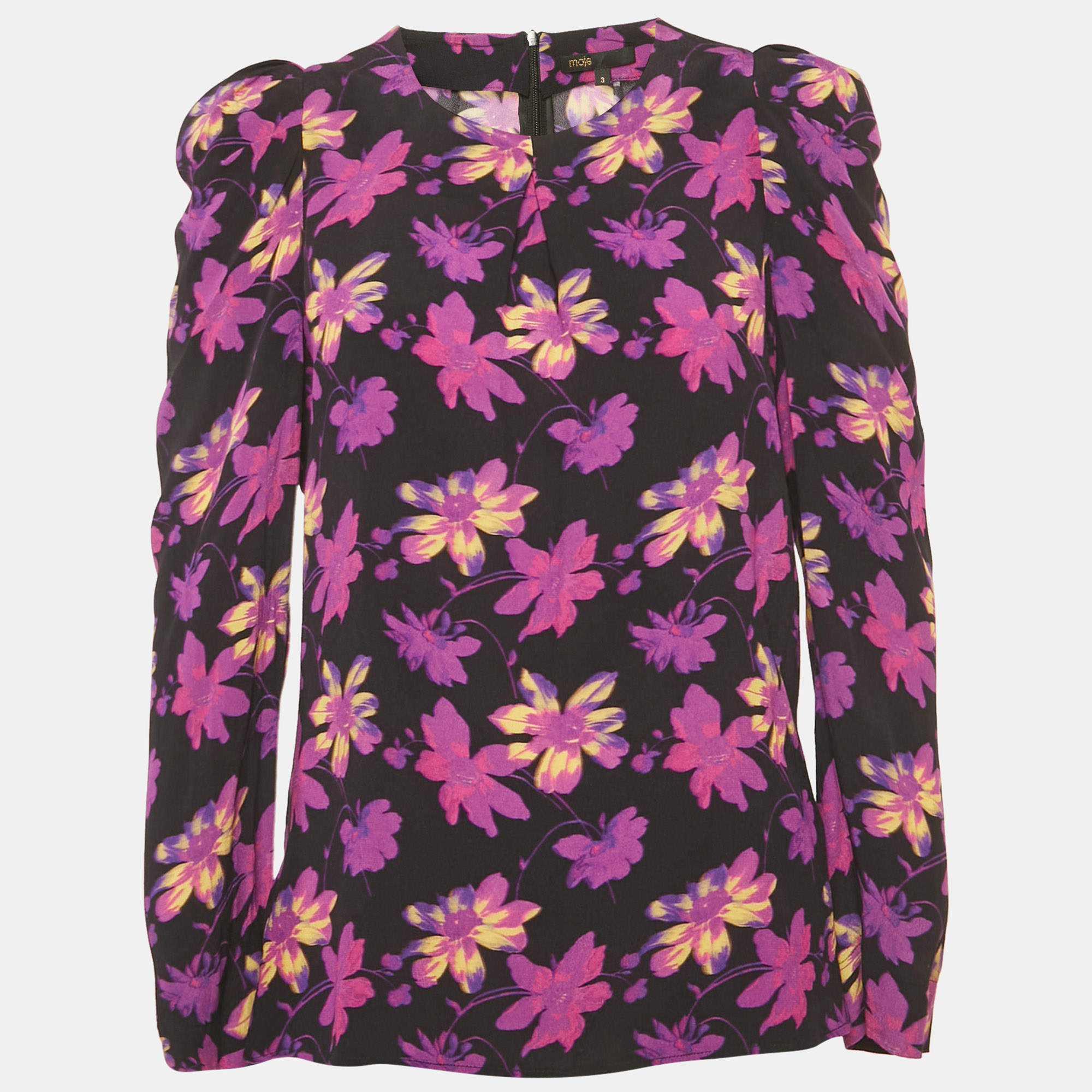 Pre Owned Maje Black Floral Print Crepe Puff Sleeve Blouse L