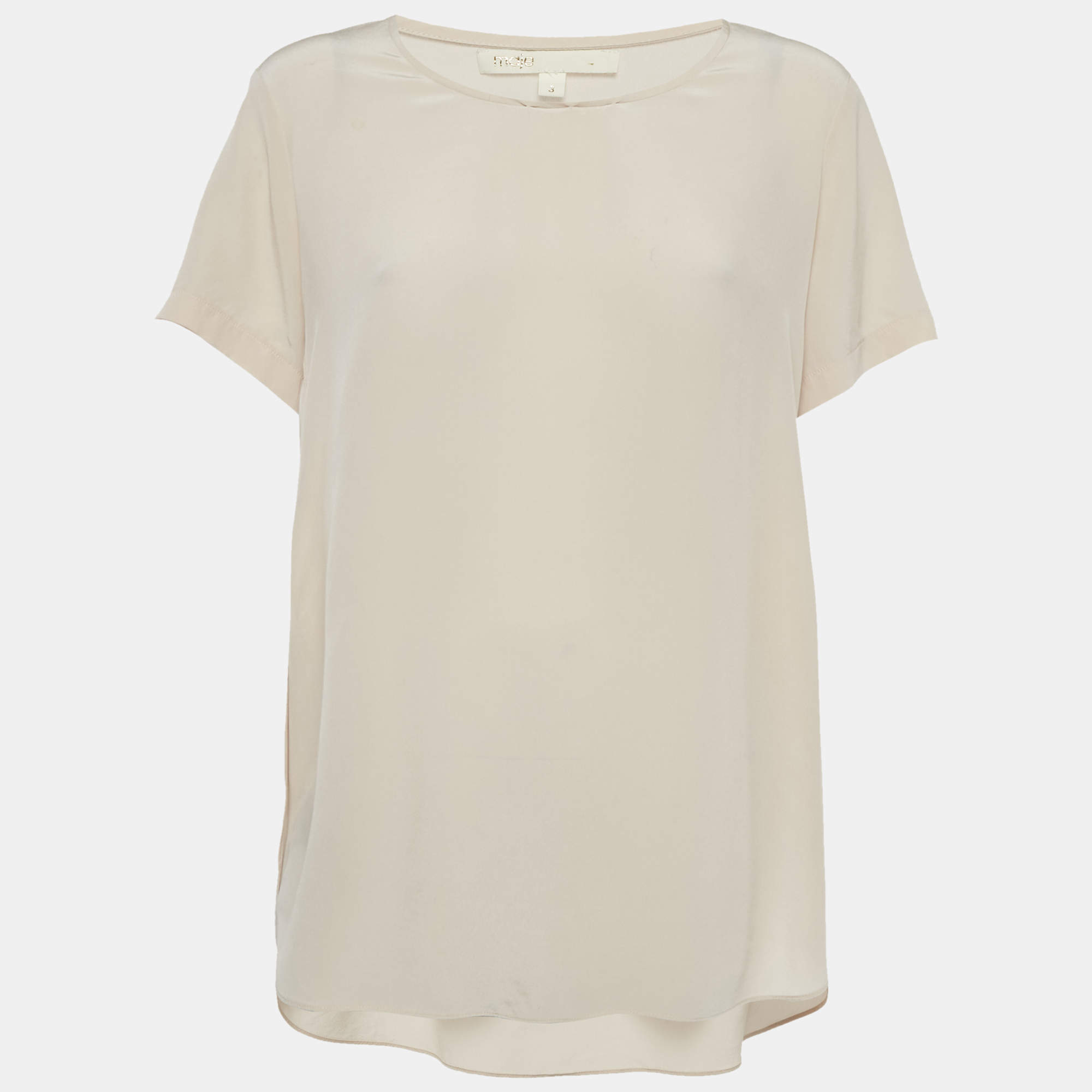 Pre Owned بلوزة ماج حرير بيج بياقة مستديرة مقاس كبير - لارج