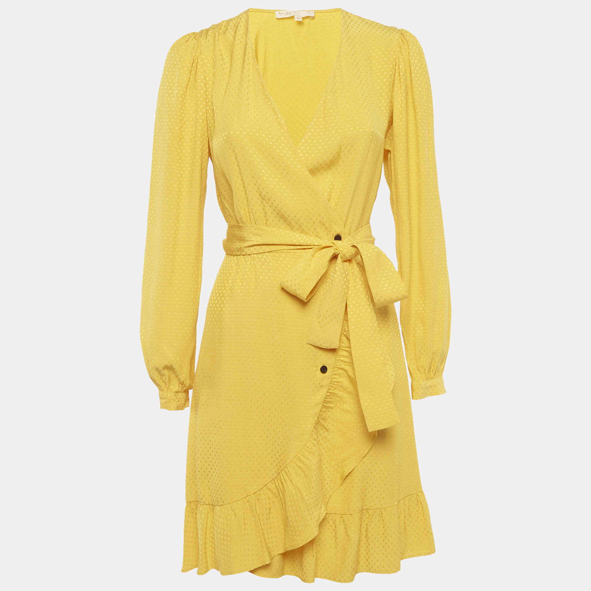 مملوكة مسبقًا Maje Yellow Jacquard Roseya Ruffled Wrap Dress S