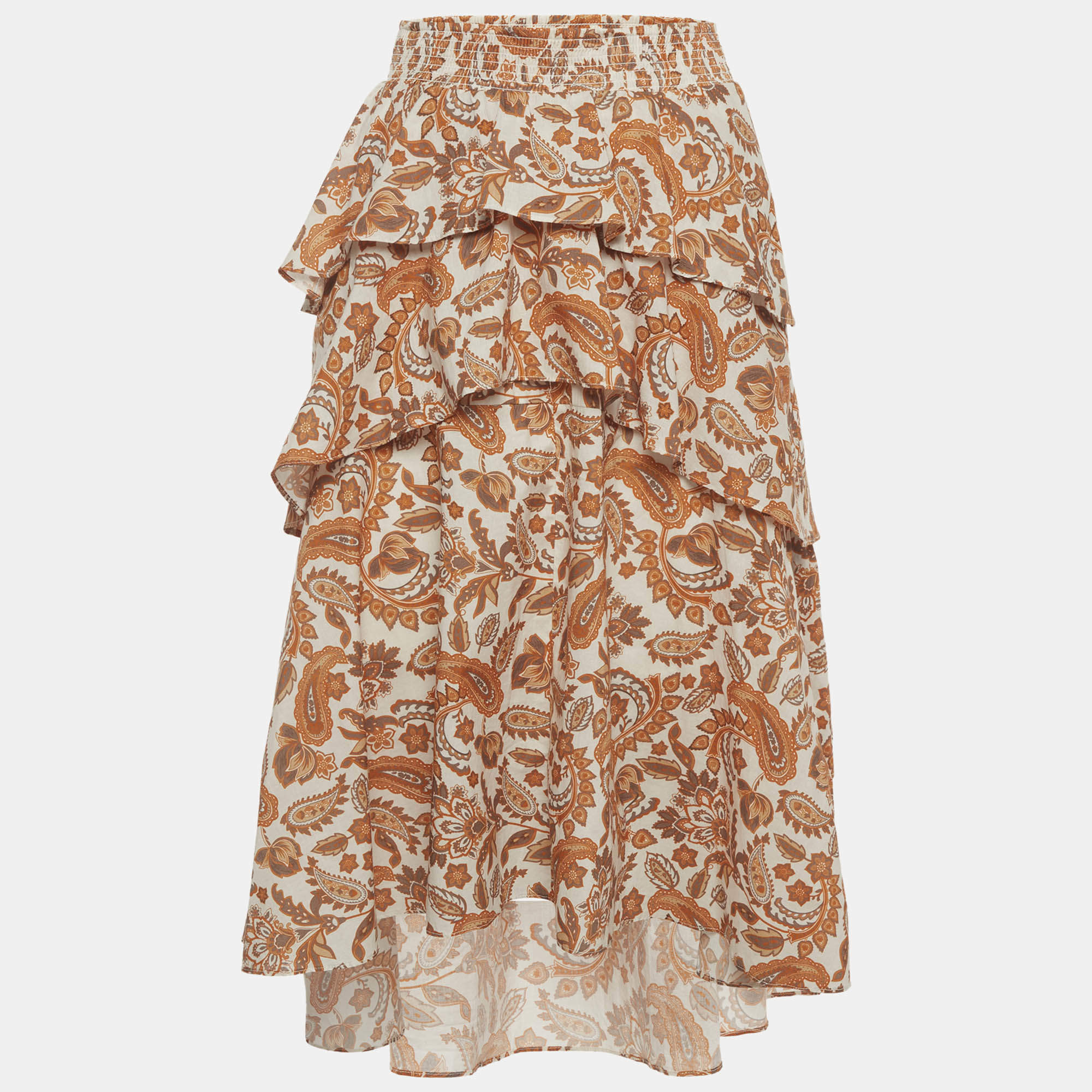 Pre Owned Maje Off-White/Orange Paisley Print Cotton Asymmetrical Midi Skirt S