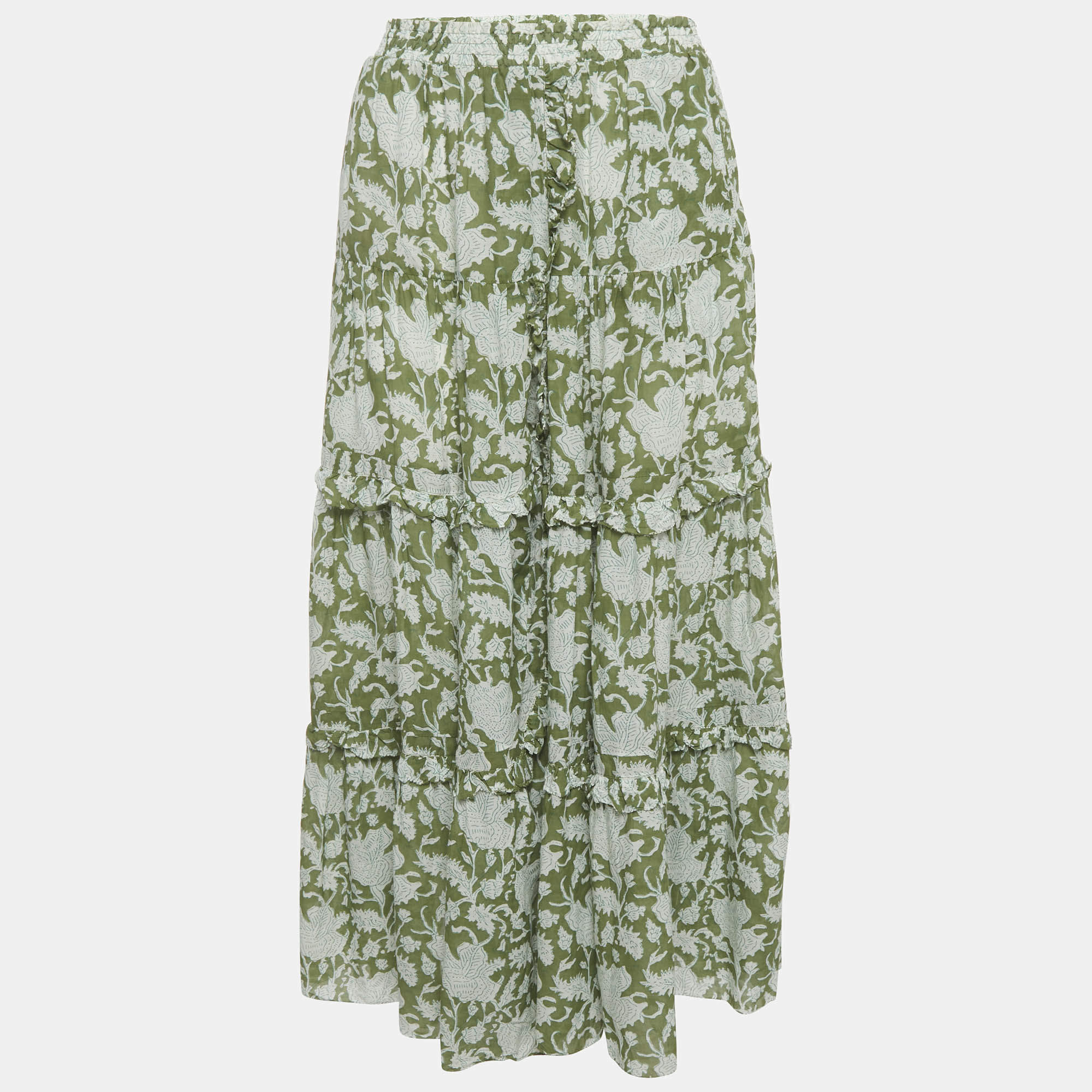 Pre Owned Maje Green Jitale Printed Ruffled Maxi Skirt S