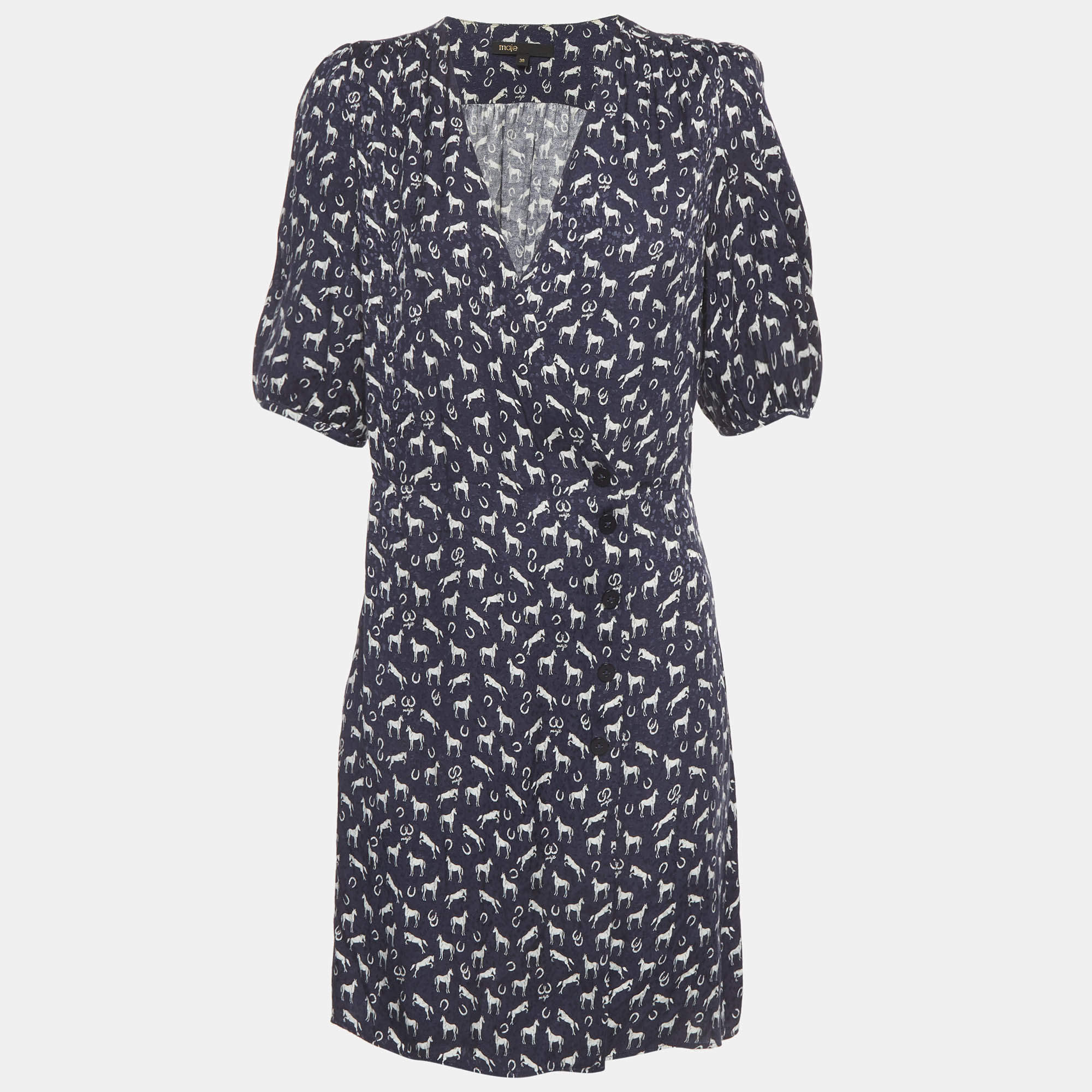 مملوكة مسبقًا Maje Navy Blue Horse Print Jacquard Mini Wrap Dress M