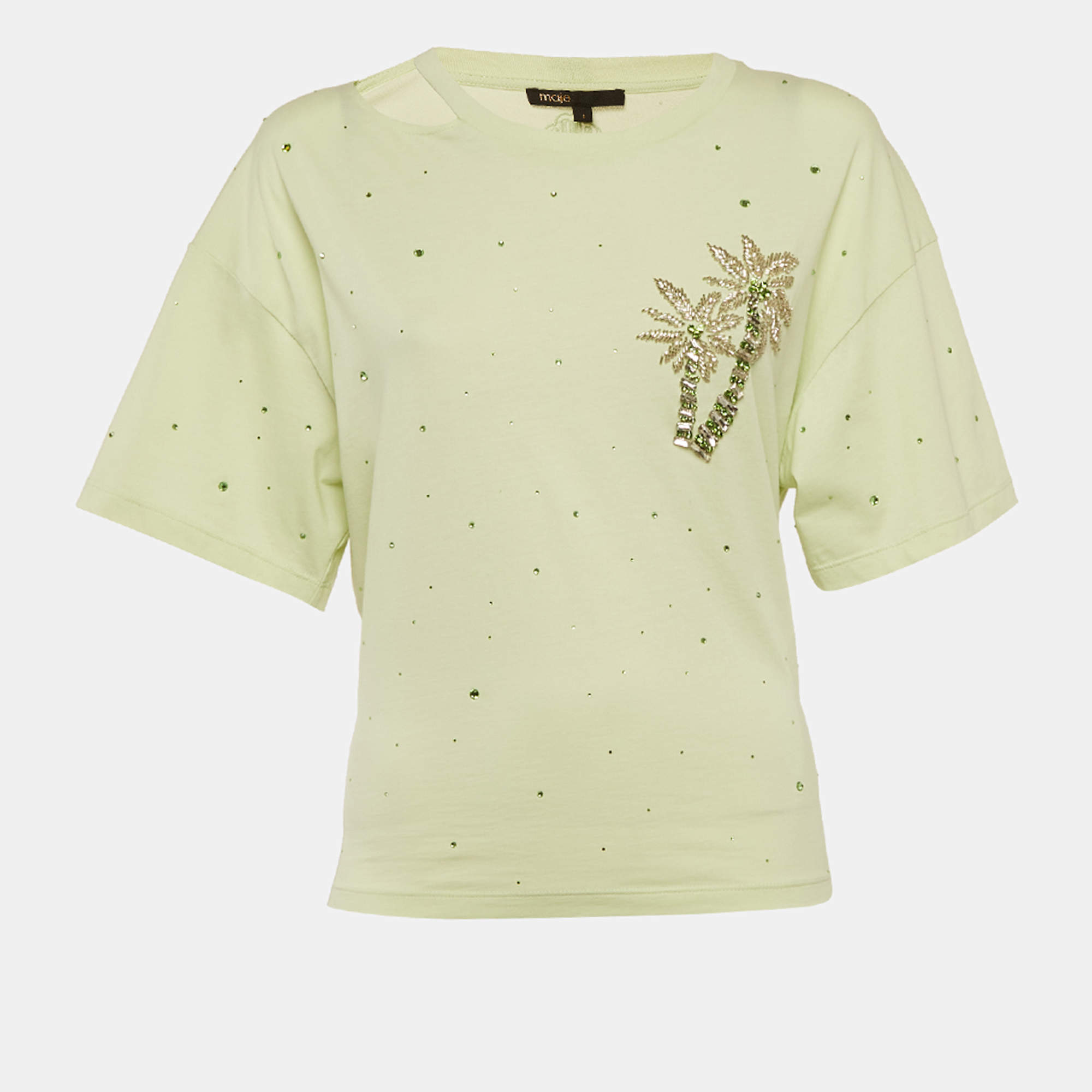 مملوكة مسبقًا Maje Green Palm Crystal Jersey Back Tie-Up T-Shirt S