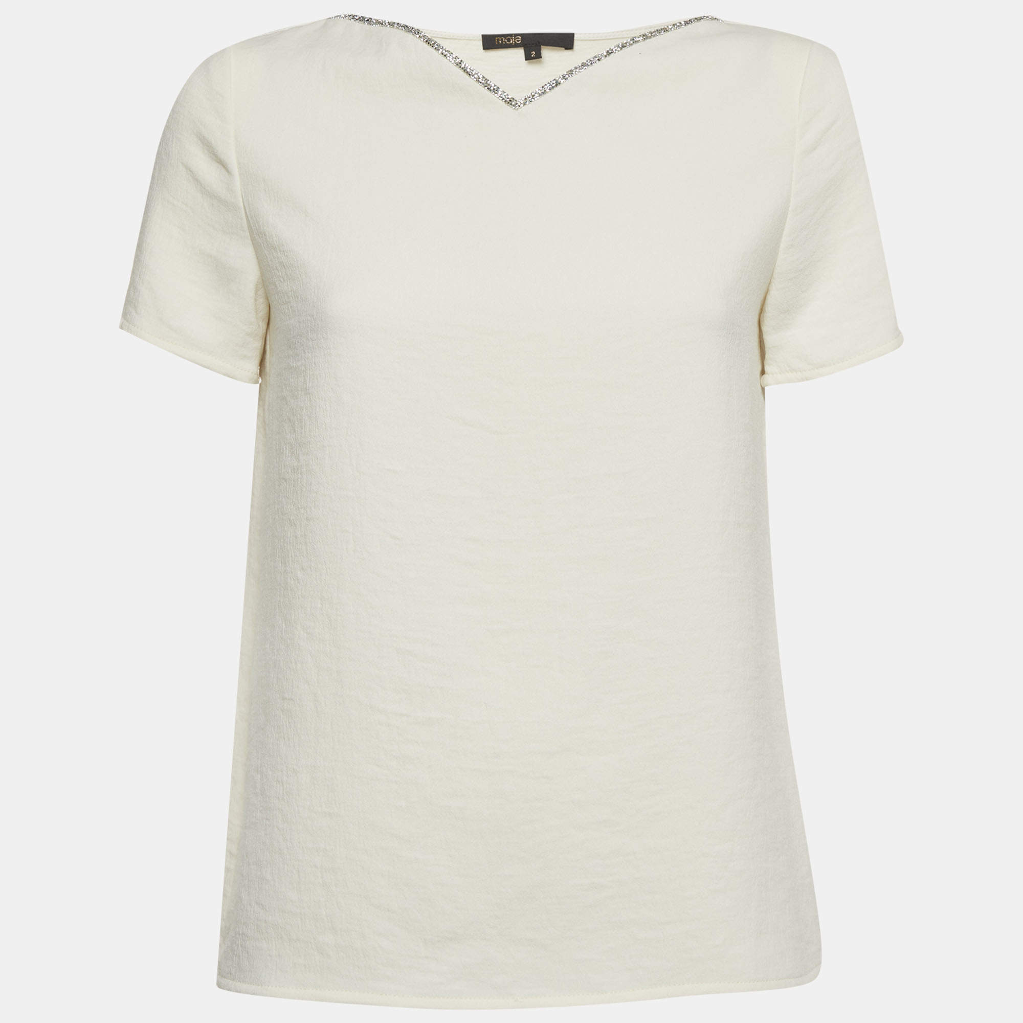 Pre Owned Maje Ecru Crepe Licka Jewel Embellished V-Neck Top M