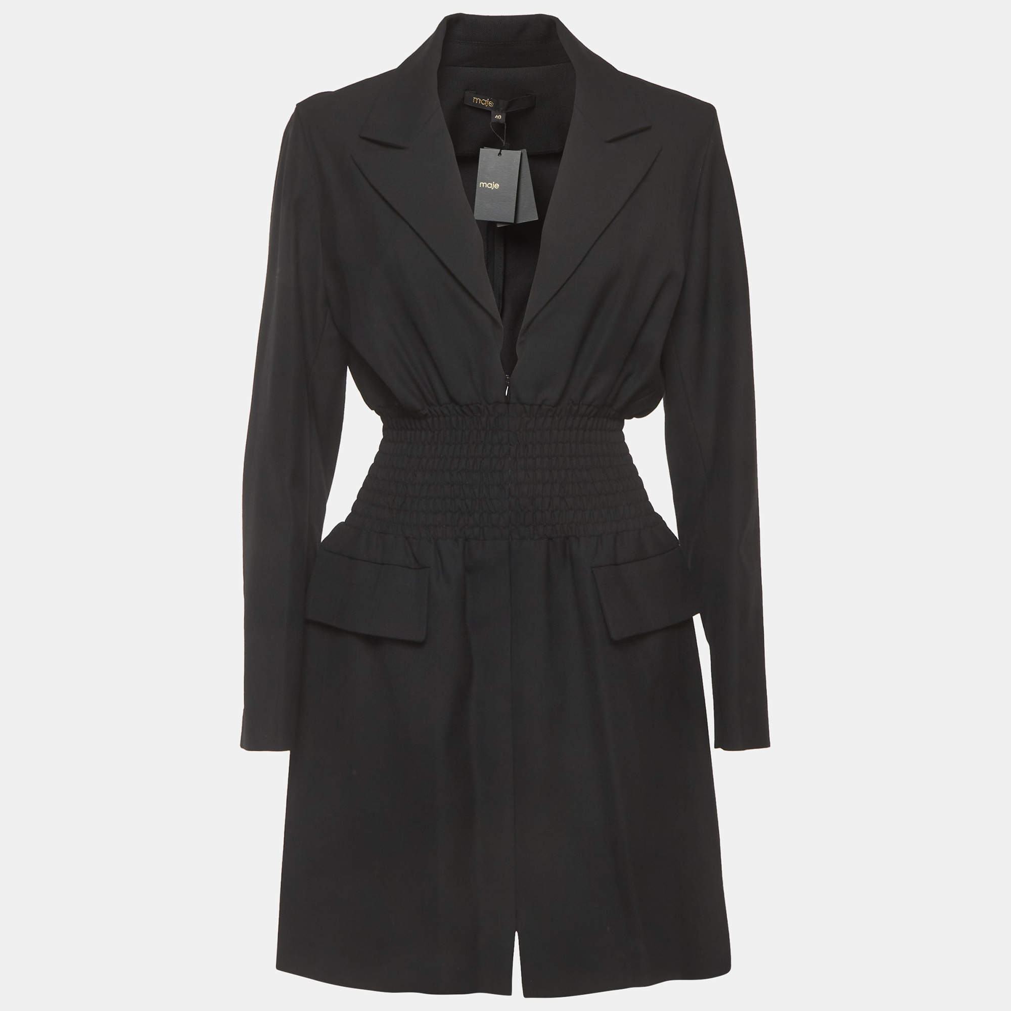 Pre Owned Maje Black Twill Smocked-Waist Rismocka Mini Dress M