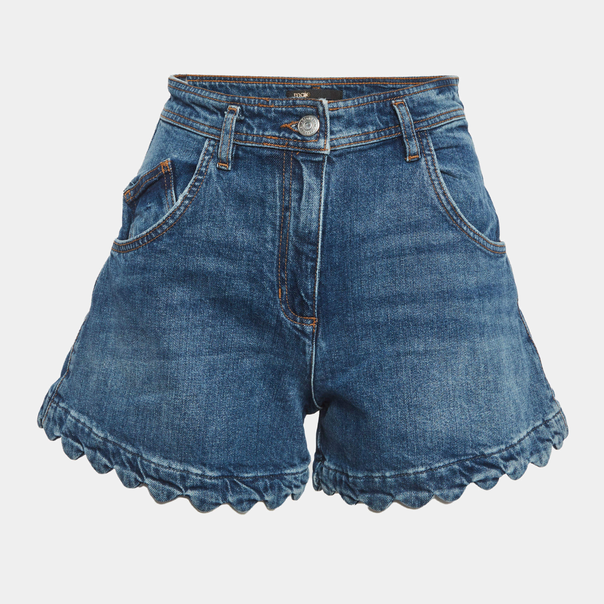 مملوكة مسبقًا Maje Blue Denim Scalloped Hem Shorts S/Waist 26"