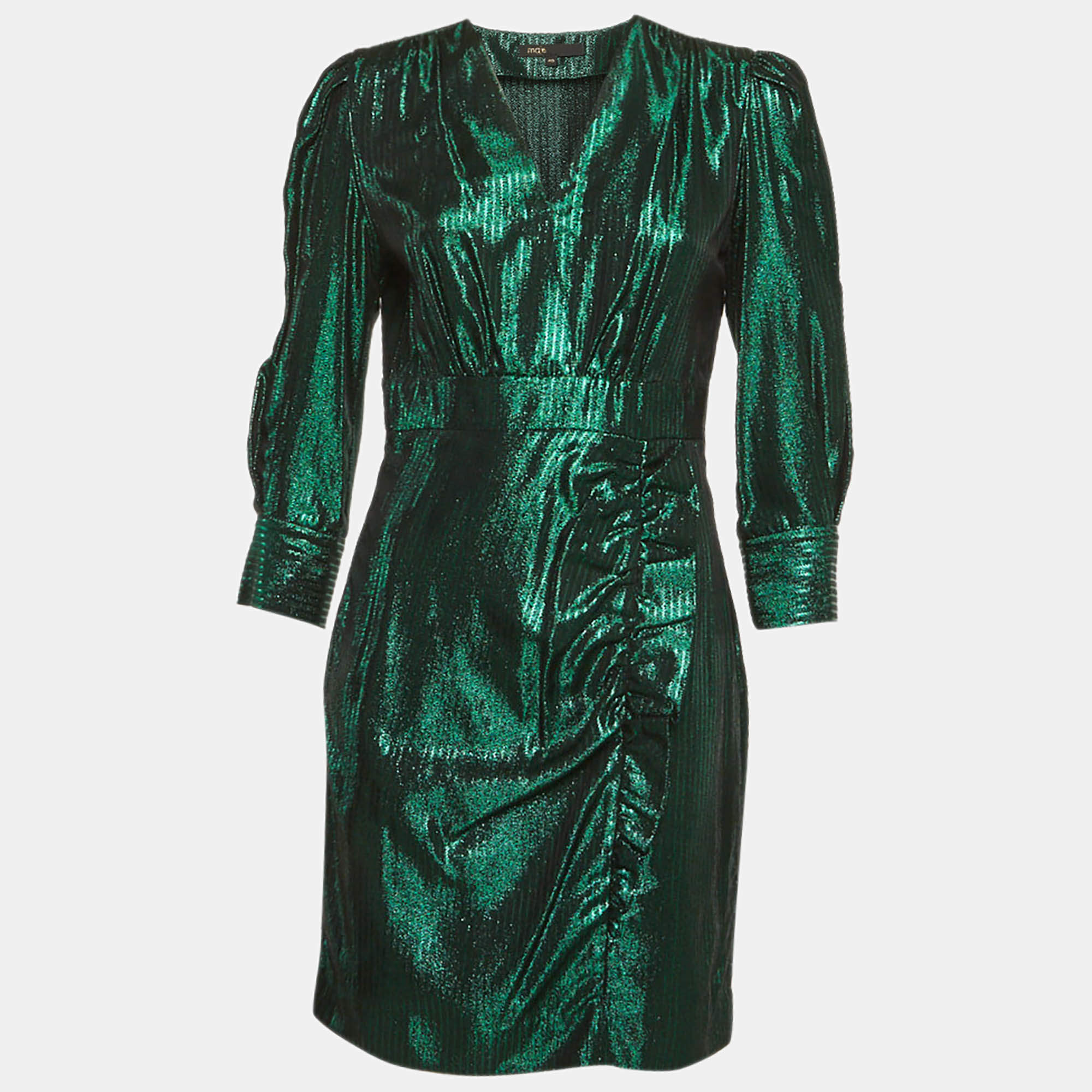 مملوكة مسبقًا Maje Green Herringbone Lurex Frilled Mini Dress L