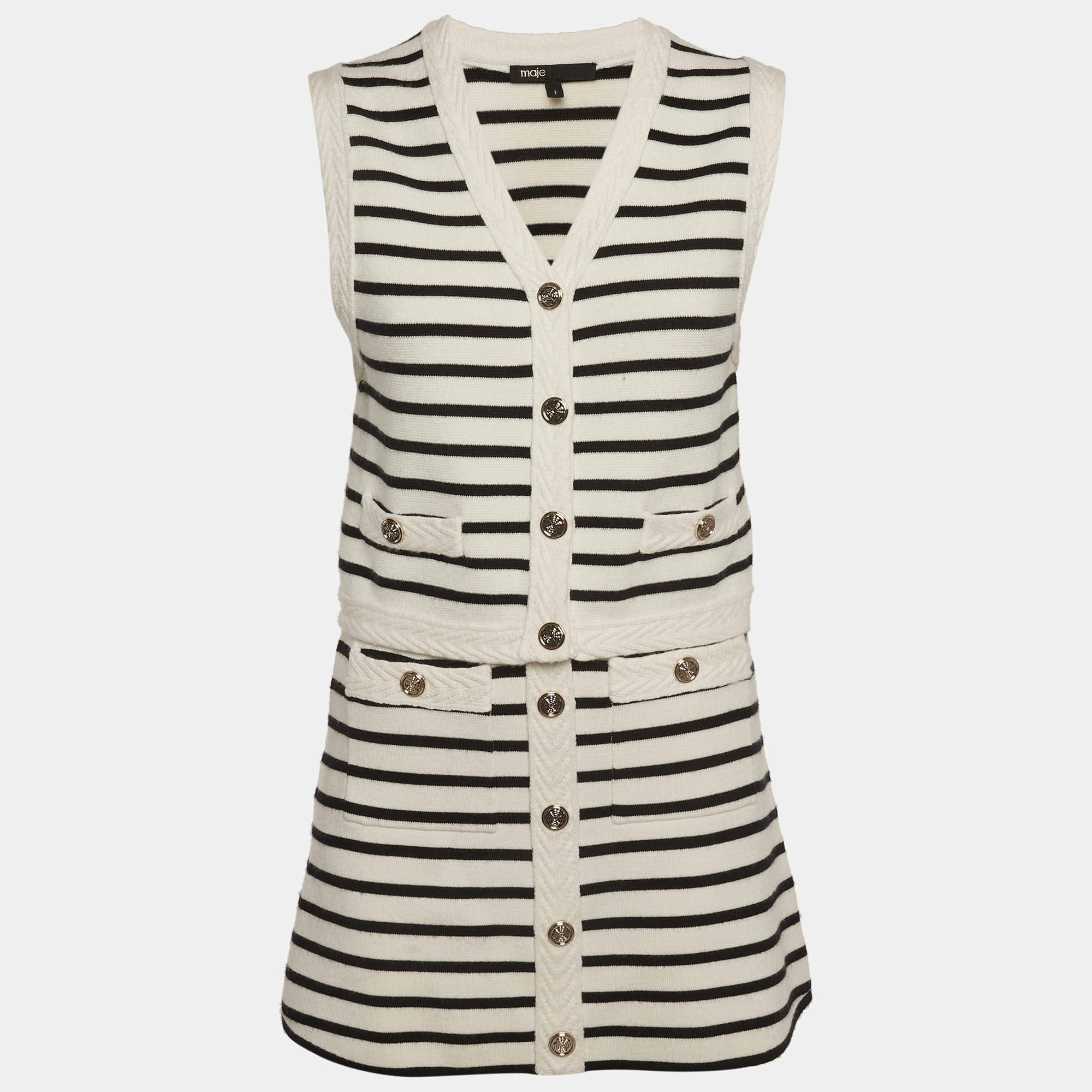 مملوكة مسبقًا Maje سترة محبوكة مخططة باللونين الأبيض والأسود ومجموعة تنورة صغيرة شديدة الصغر/صغير ة