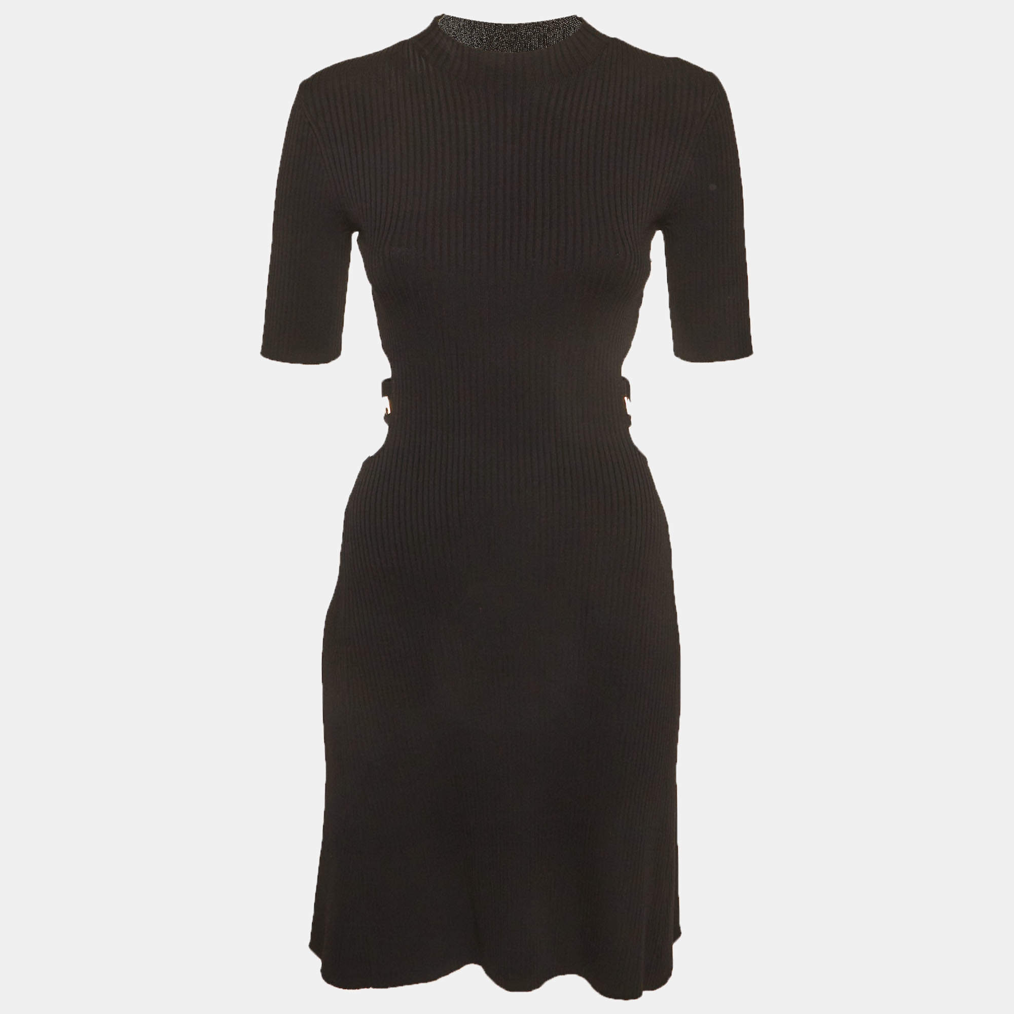 مملوكة مسبقًا Maje Black Rib Knit Waist Cut-Out Mini Dress S
