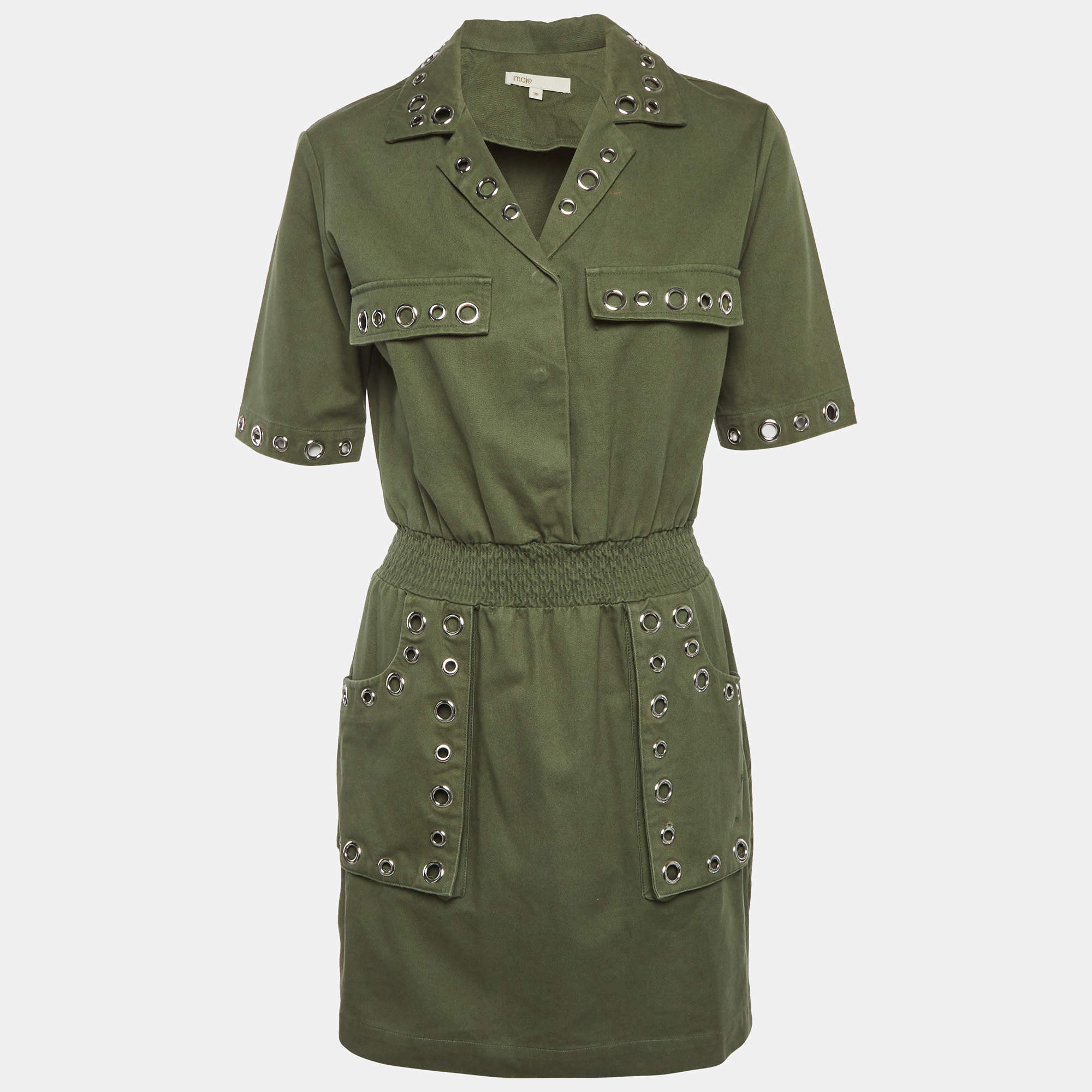 Pre Owned Maje Olive Green Denim Eyelet Detail Ramil Mini Dress M