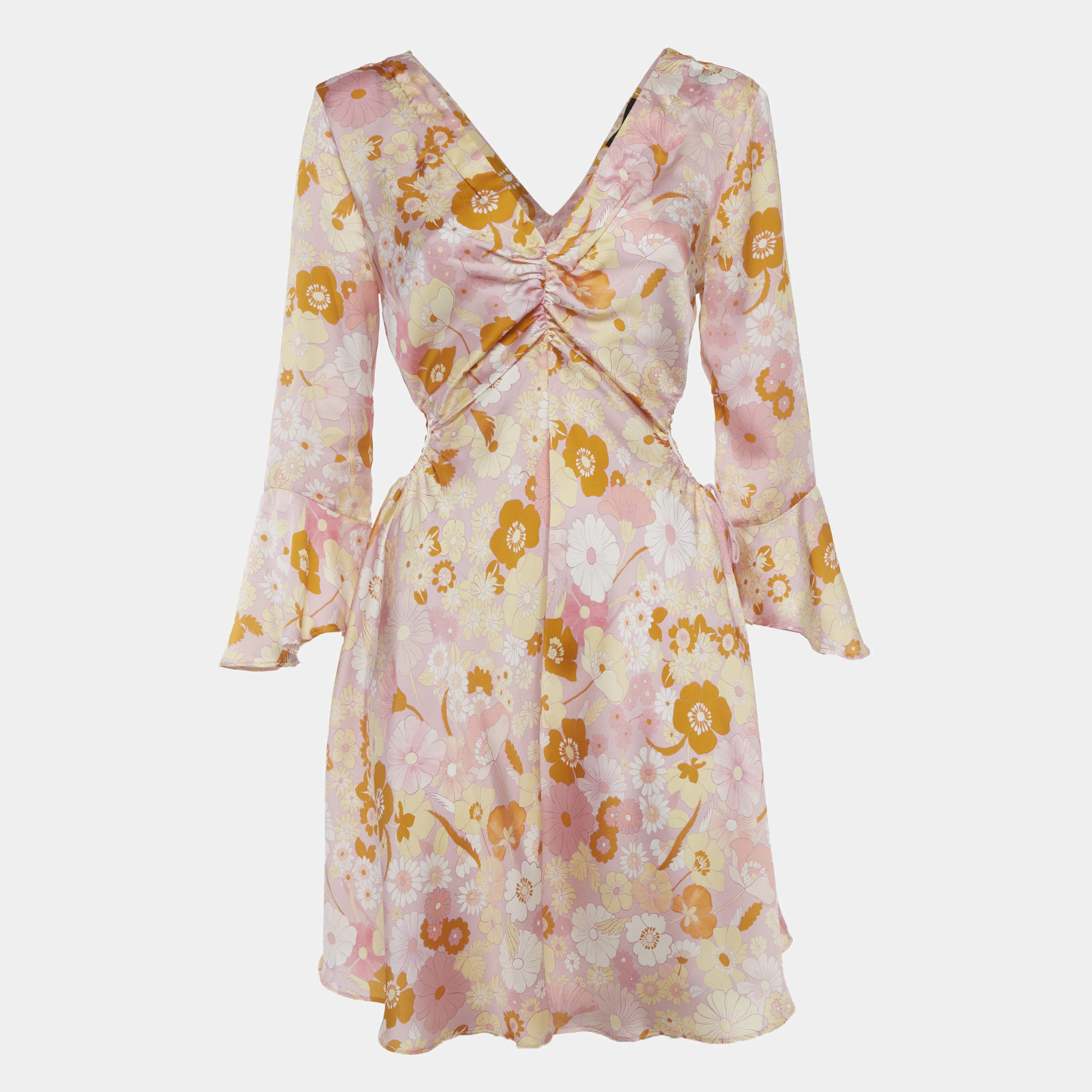 Pre Owned فستان ميني ساتان بطبعة زهرية من ماج باللون الوردي مقاس متوسط