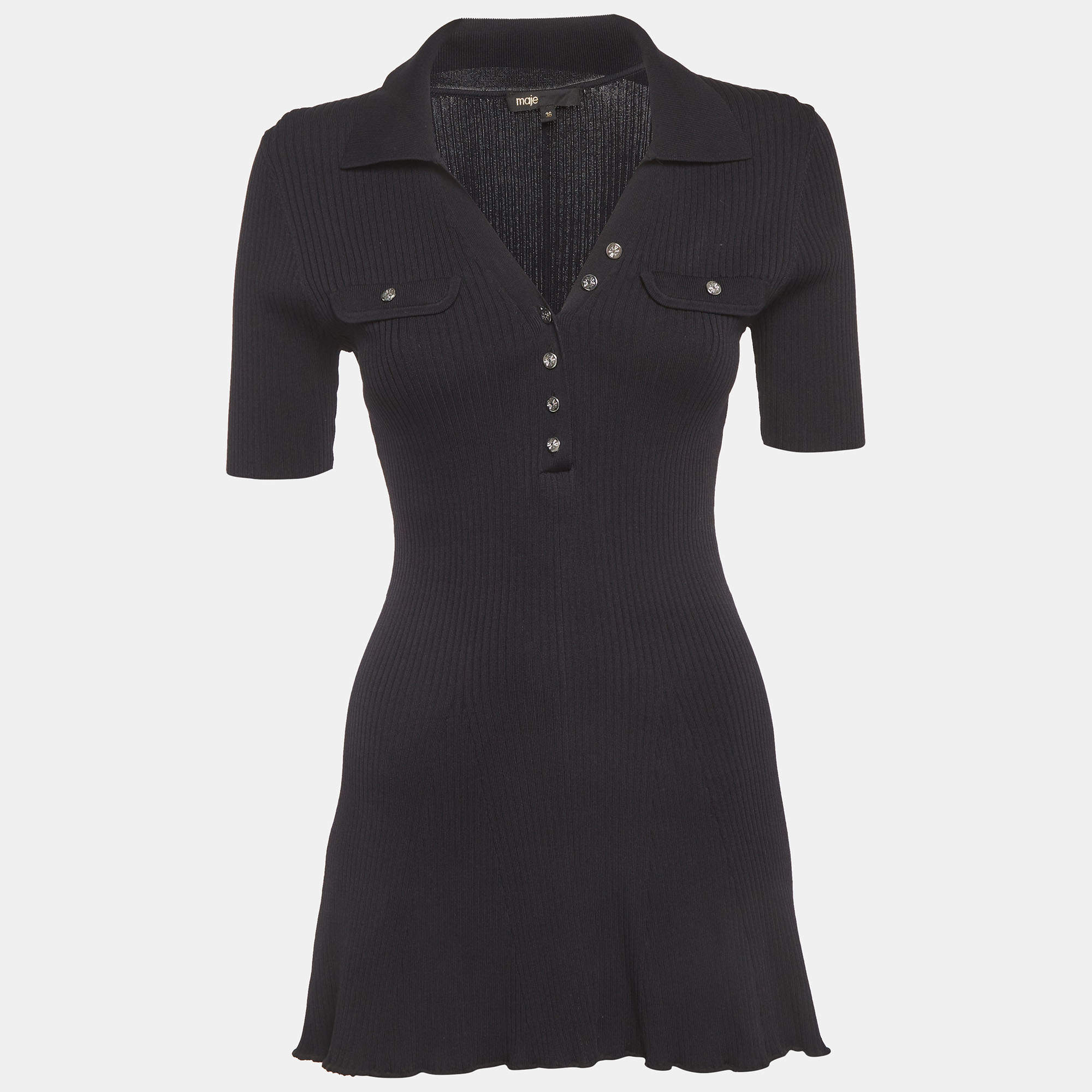 مملوكة مسبقًا Maje Black Rib Knit Flared Mini Dress S