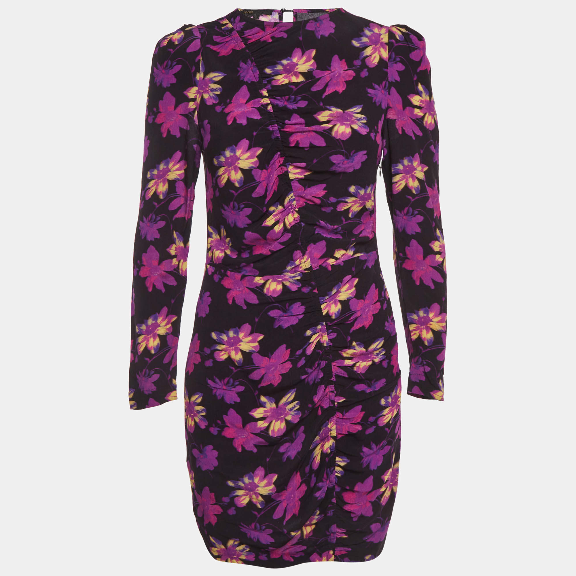 مملوكة مسبقًا Maje Black & Purple Floral Printed Crepe Mini Dress S