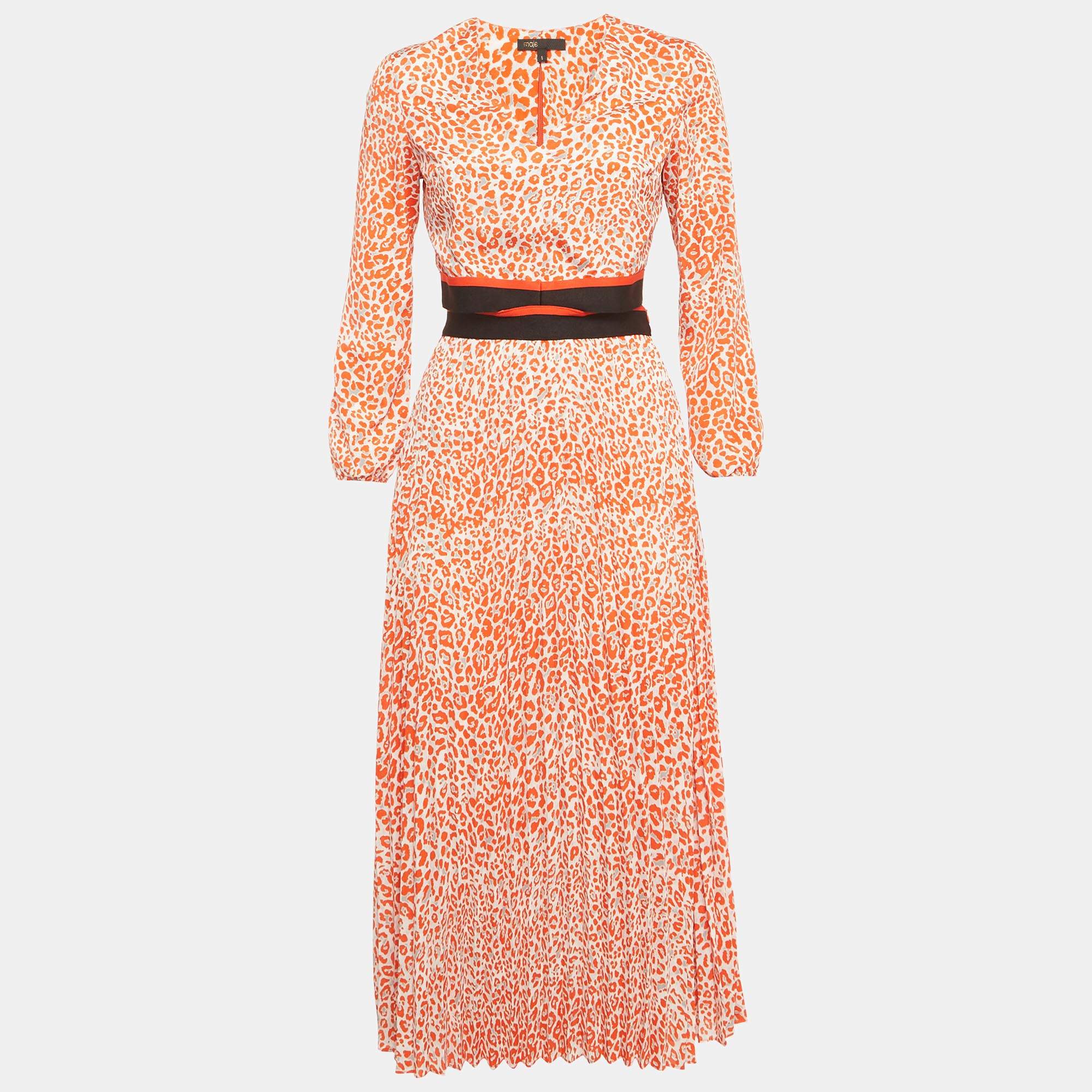 Pre Owned Maje Orange Printed Crepe Cut Out Detail Midi Dress S
