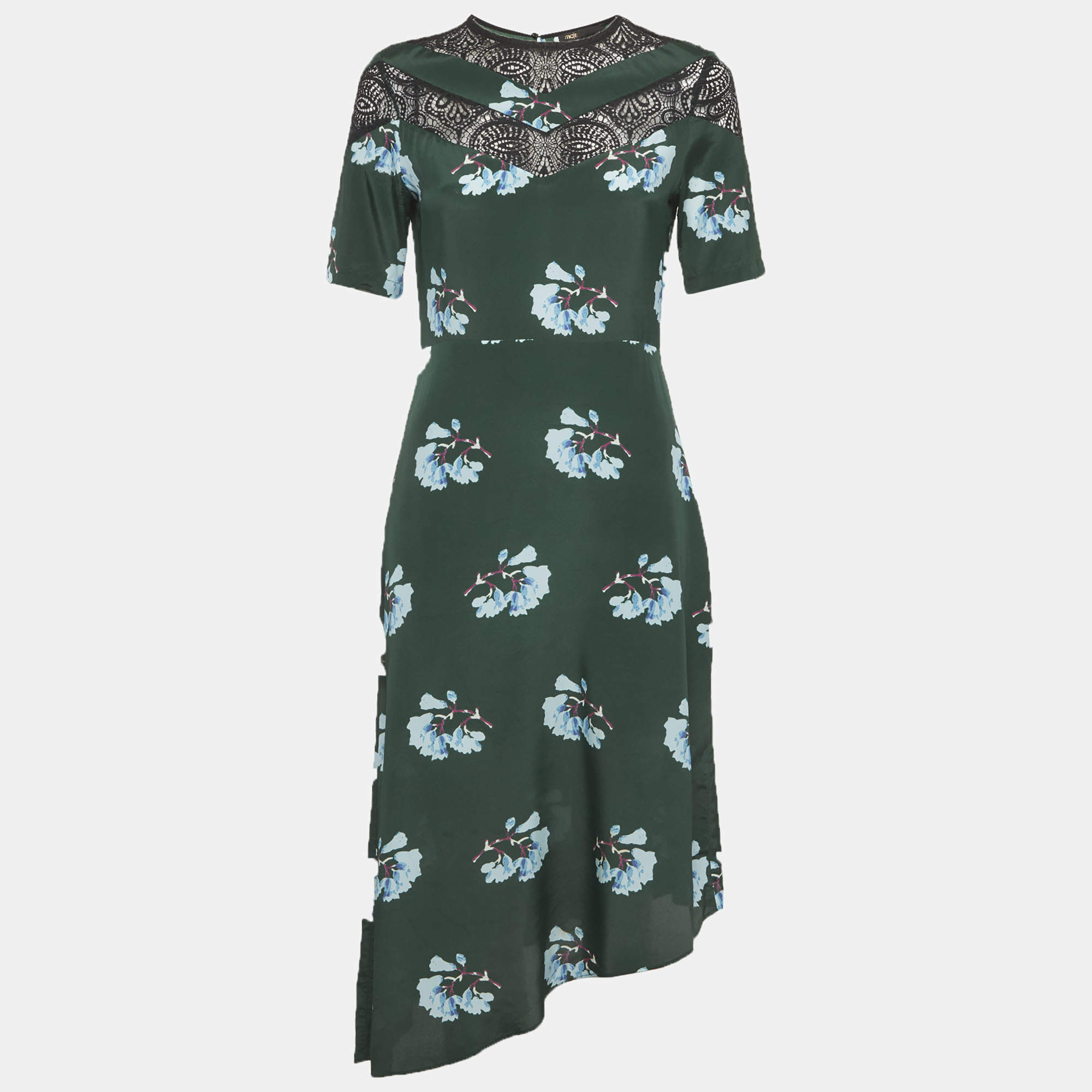 مملوكة مسبقًا فستان قصير ميني ماج بتفاصيل دانتيل وطبعة زهور باللون الأخضر من الحرير مقاس صغير