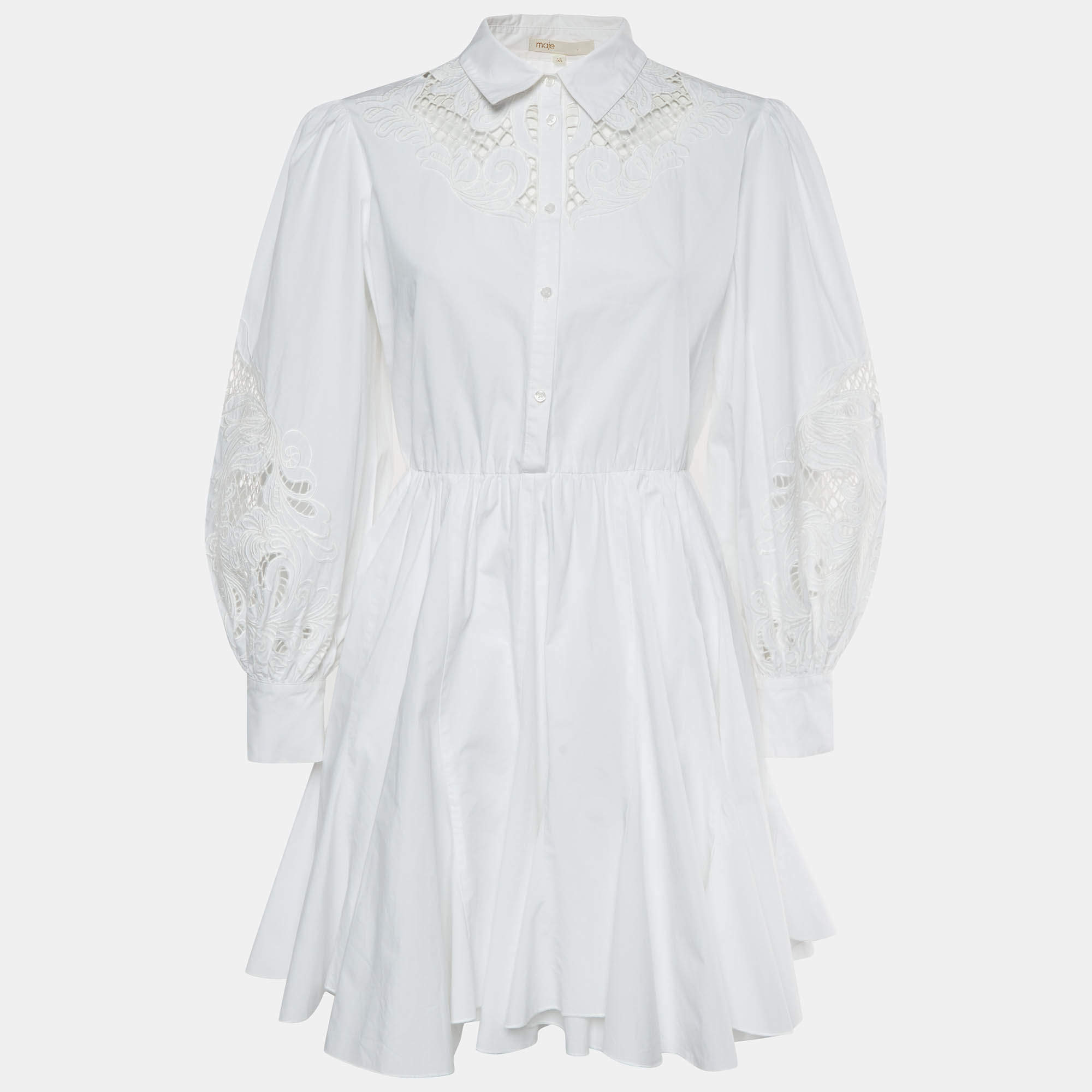Pre Owned Maje White Cotton Lace Inset Rebello Shirt Dress M