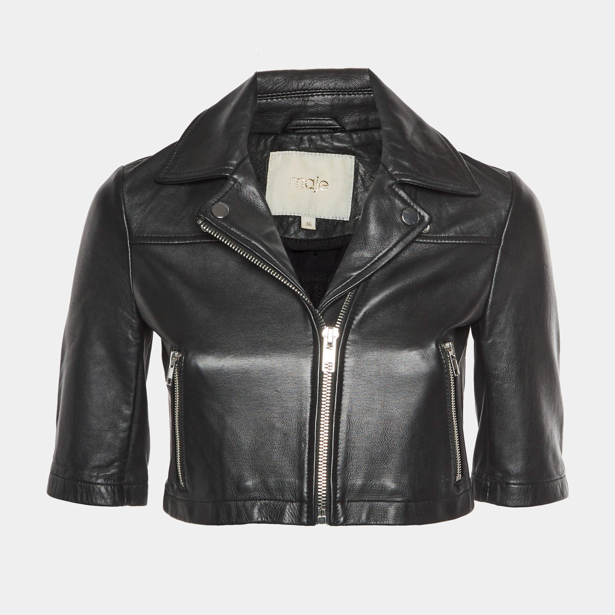 Pre Owned Maje Black Leather Cropped Jacket S