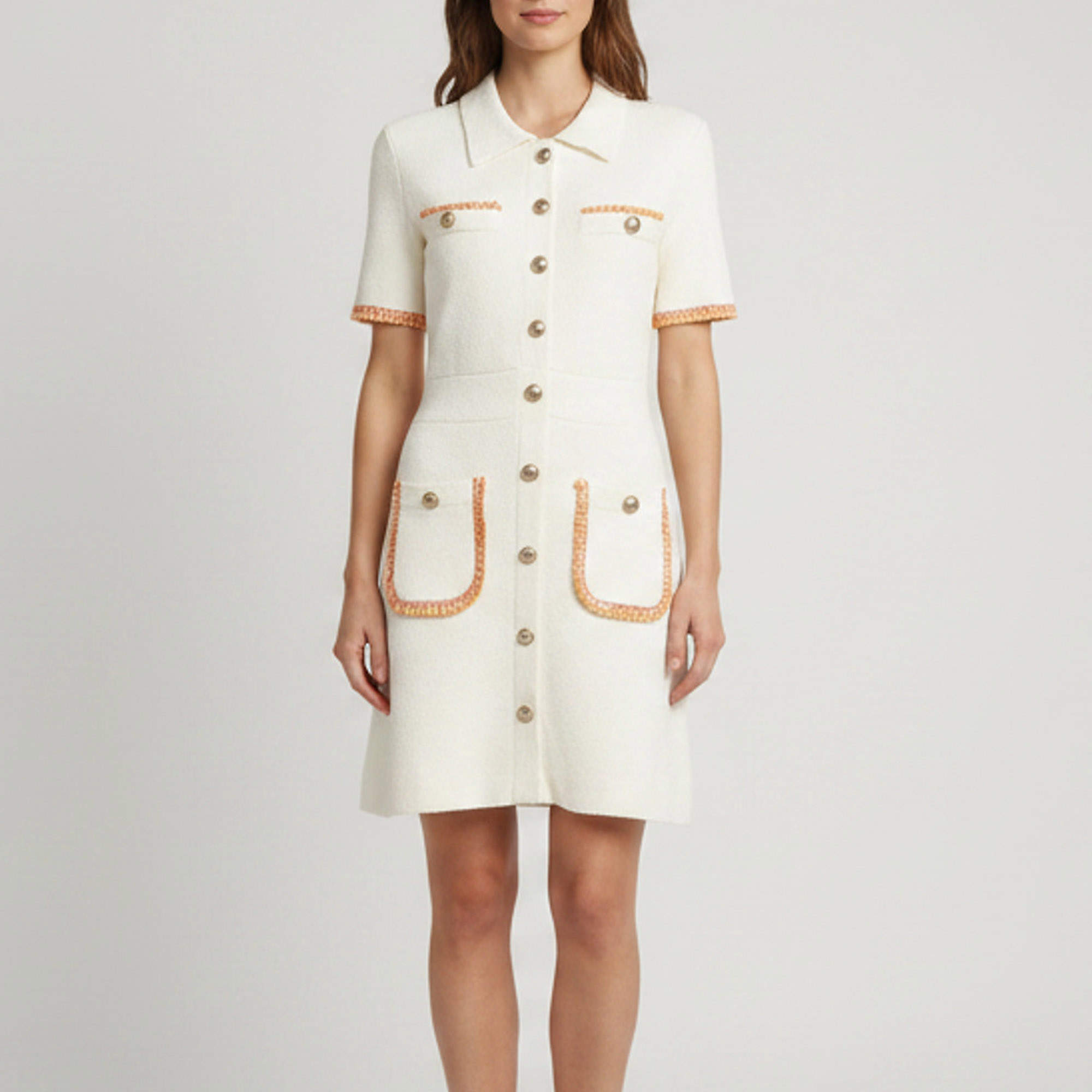 مملوكة مسبقًا Maje White Bouclé Knit Braid Trim Risal Mini Dress S