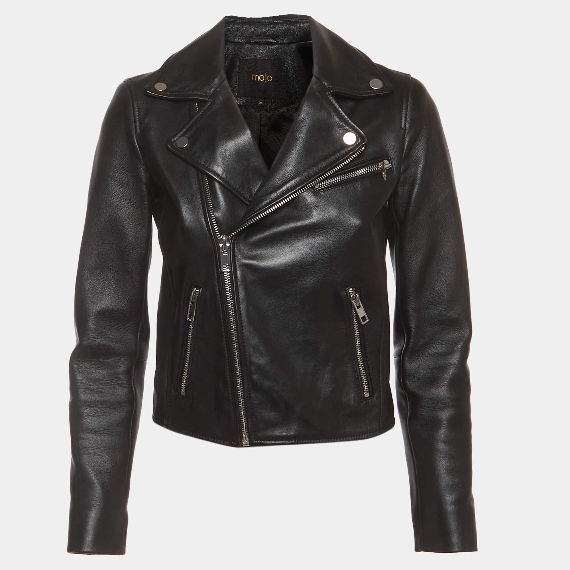 Pre Owned Maje Black Leather Zip-Up Biker Jacket S
