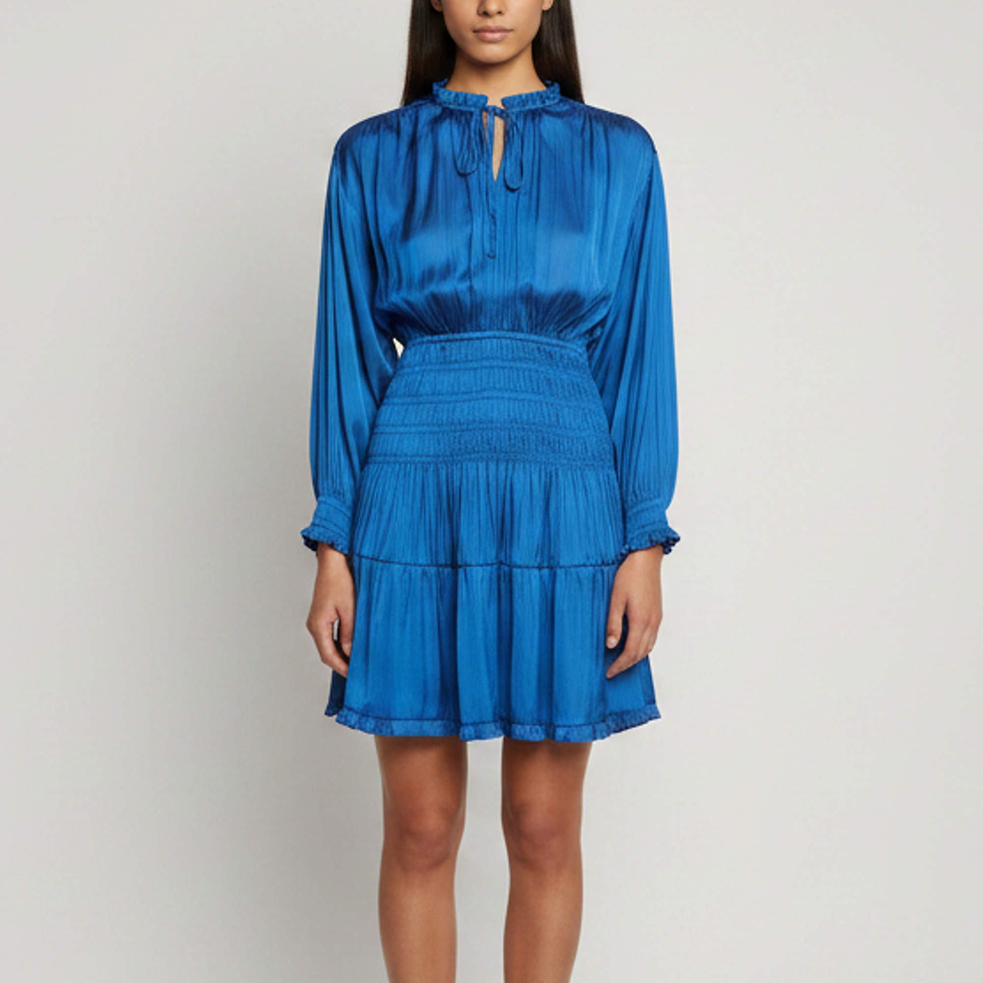 Pre Owned Maje Blue Satin Smocked Neck-Tie Tiered Mini Dress XS