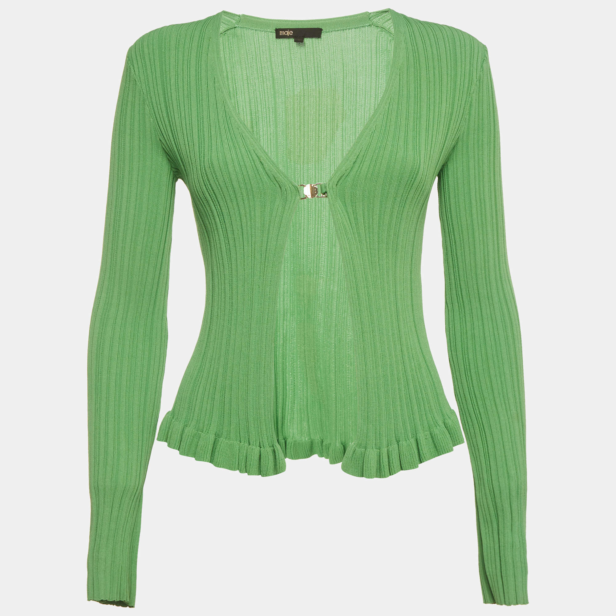 Pre Owned Maje Green Stretch Rib Knit Ruffle Cardigan S