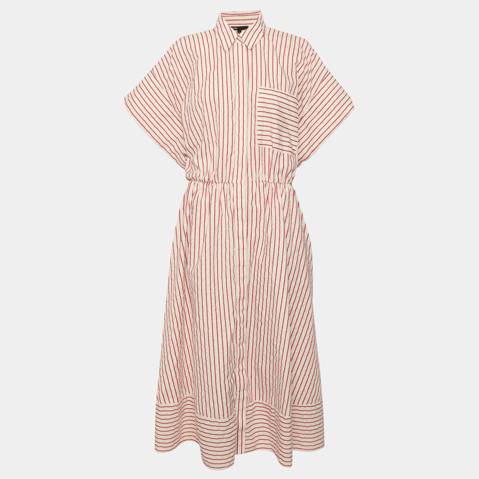 Pre Owned Maje Pink/White Rhinestone Embellished Cotton Blend Revana Drawstring Sleeve Midi Dress M