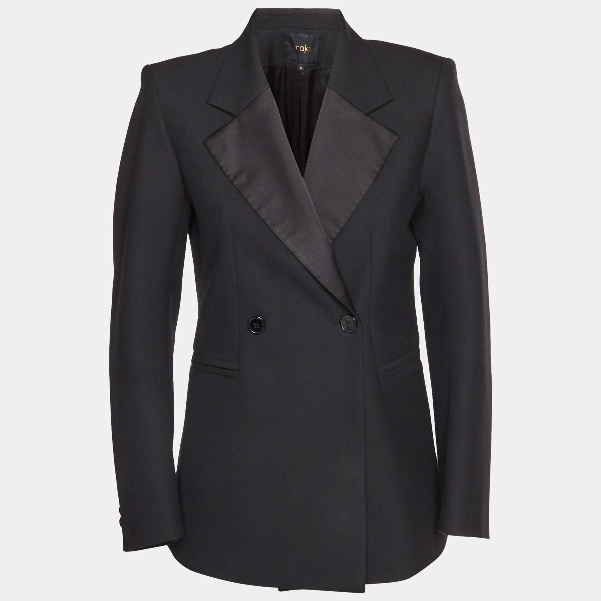 Pre Owned Maje Black Gabardine Double Breasted Blazer S