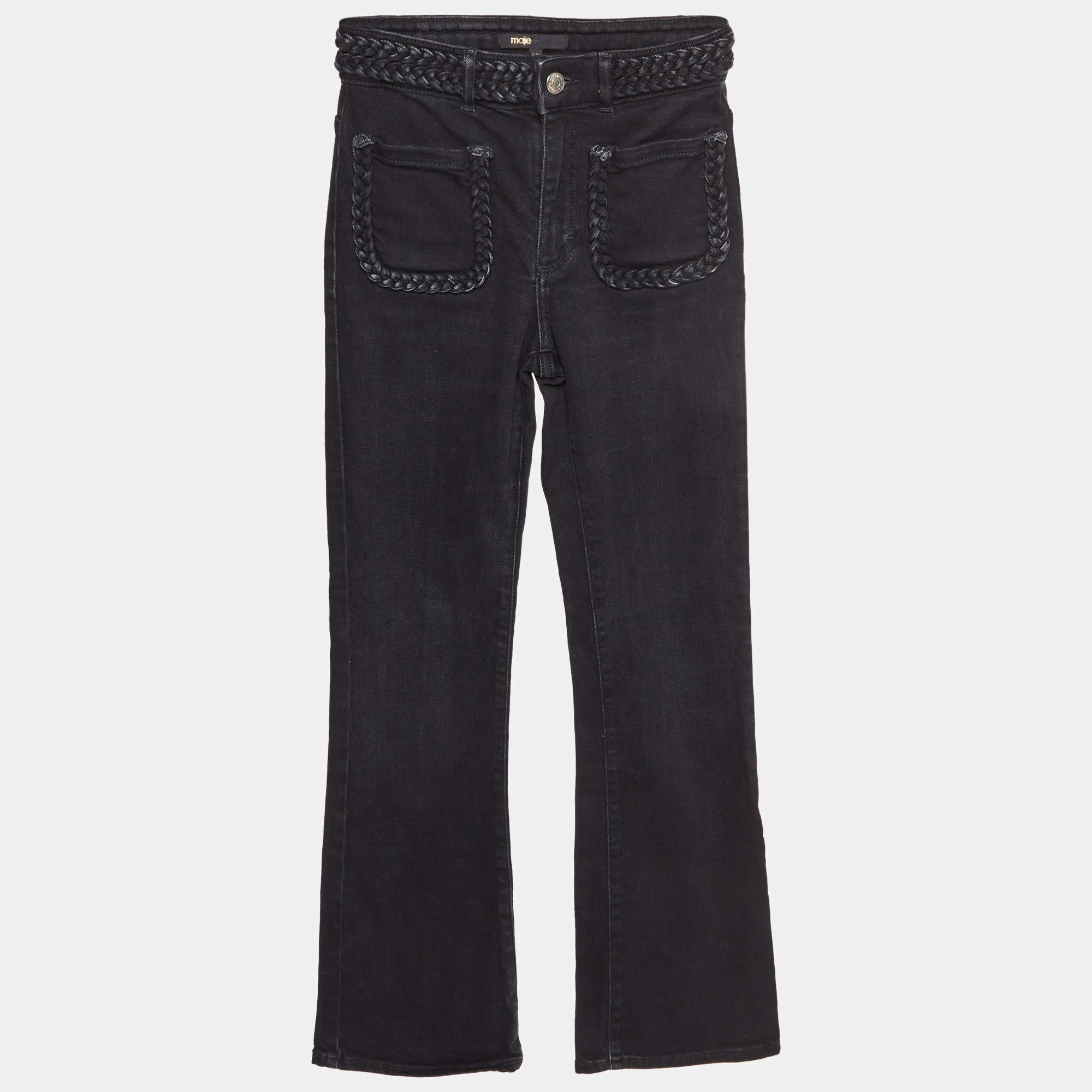 مملوكة مسبقًا Maje Black Denim Braid Detail Flared Jeans XS/Waist 23"