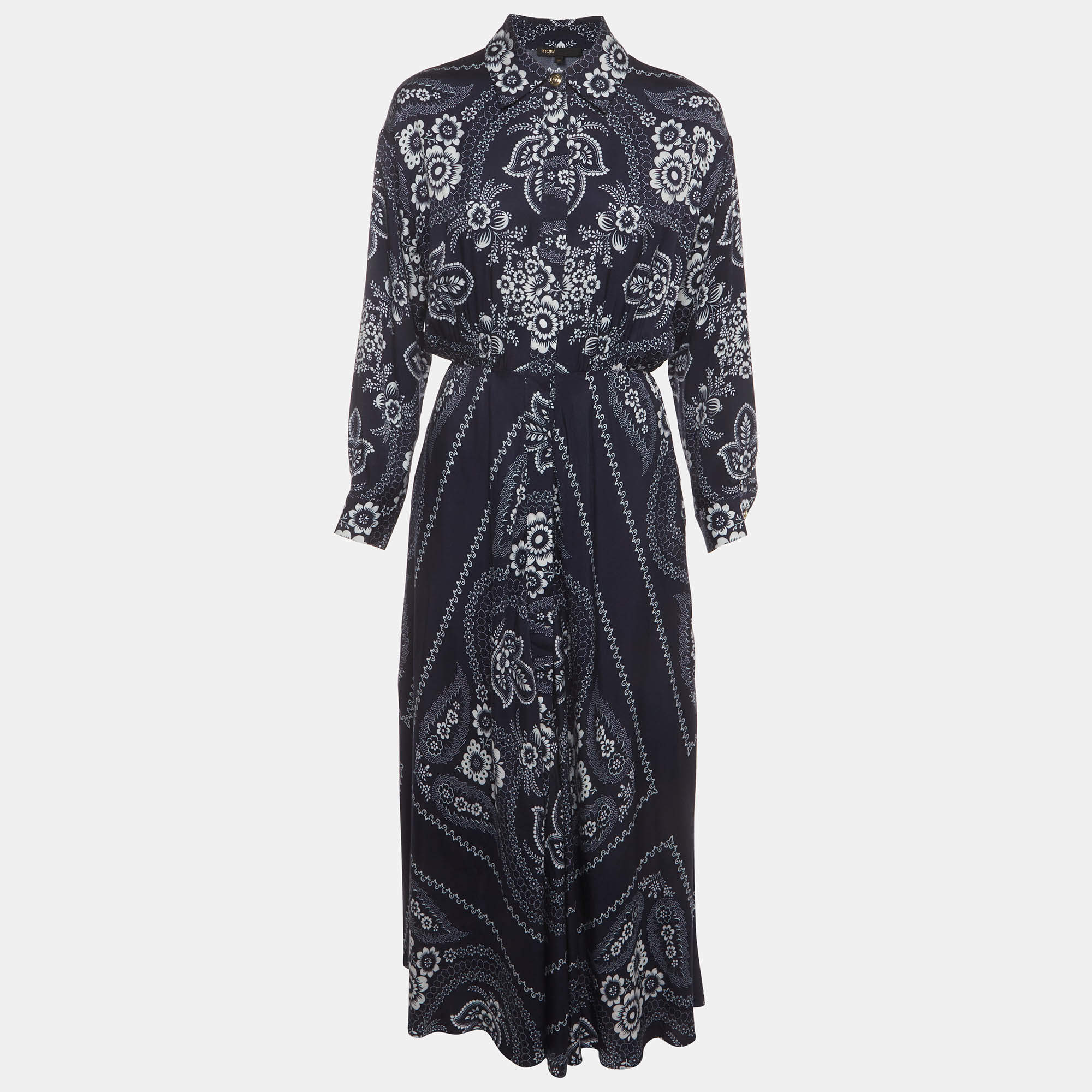 Pre Owned Maje Navy Blue Bandana Print Crepe Maxi Shirt Dress S