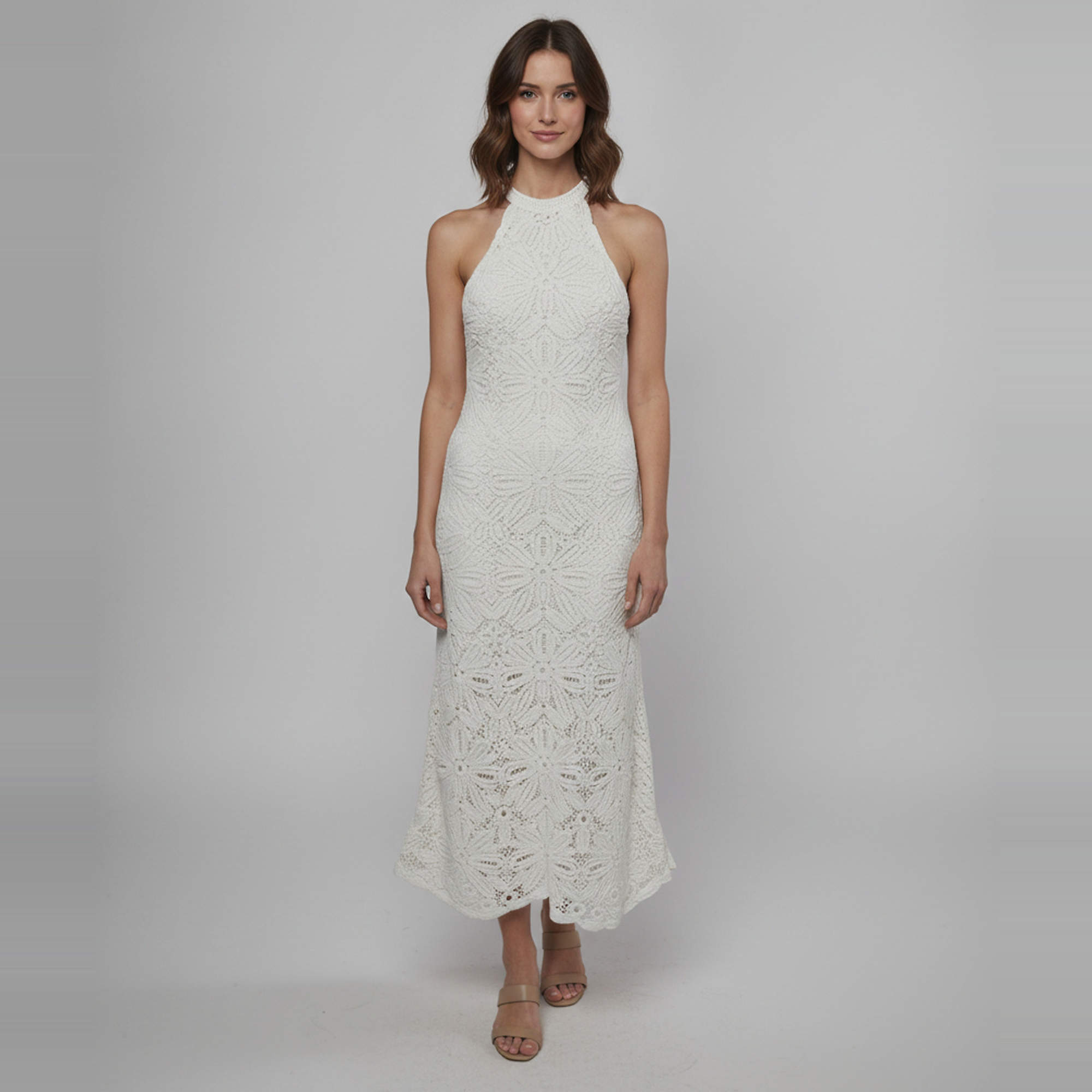 Pre Owned Maje White Cotton Floral Crochet Halter Neck Maxi Dress S 