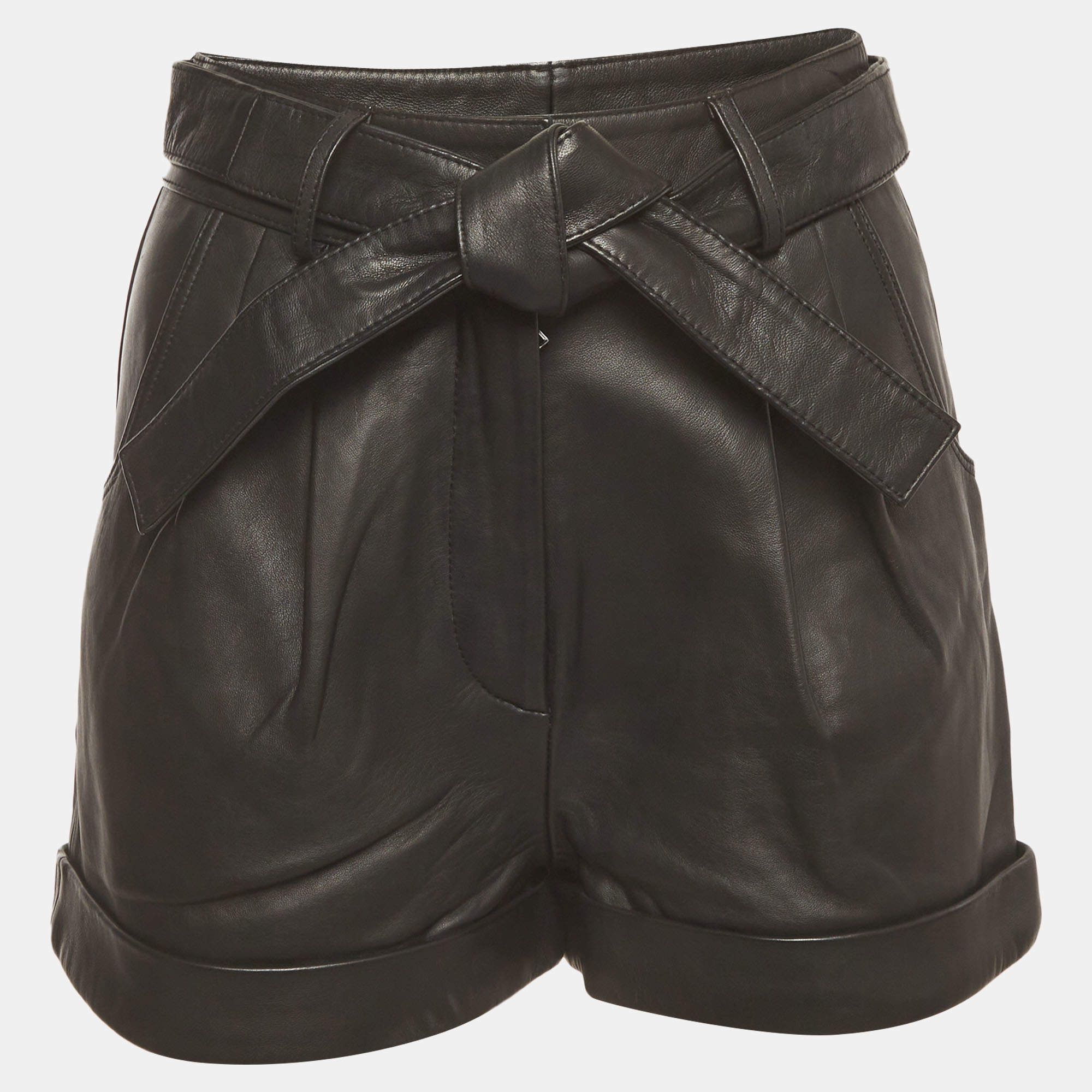 Pre Owned Maje Black Leather Belted High Waisted Ibord Shorts S
