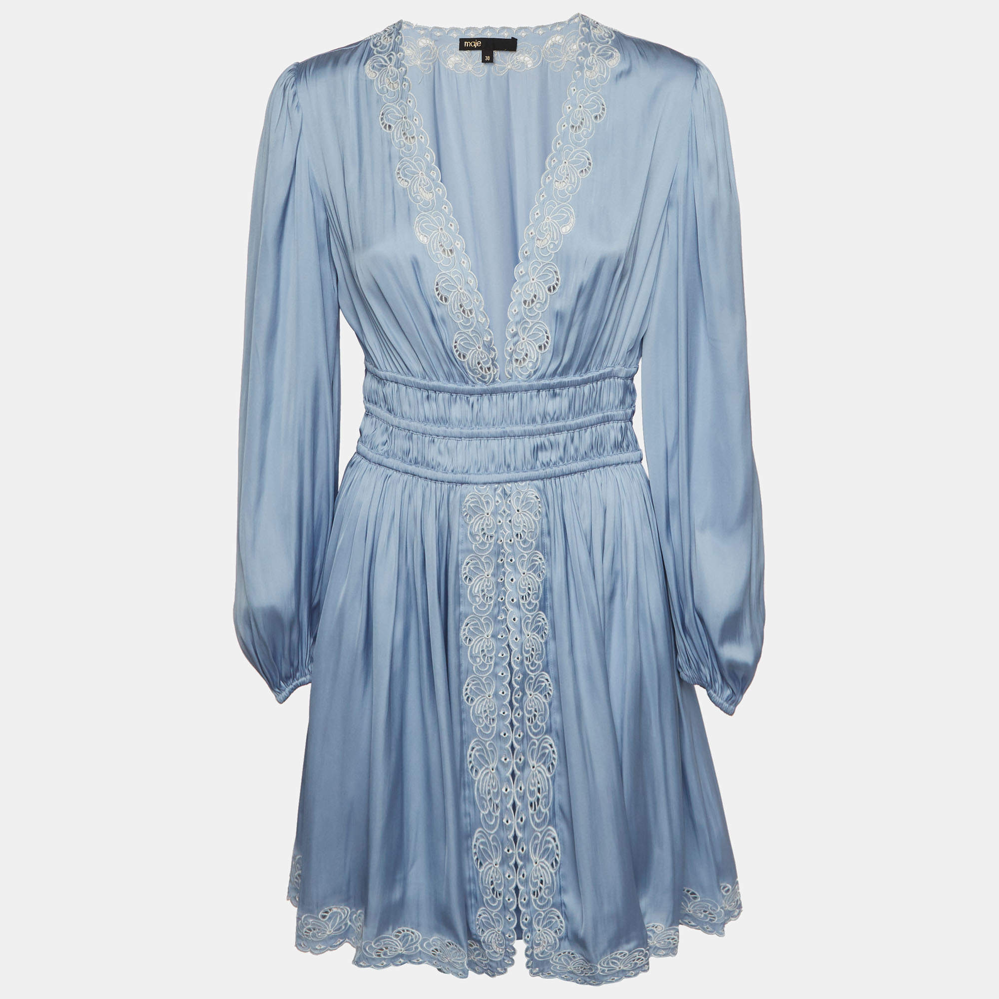 Pre Owned Maje Blue Floral Embroidered Satin Rianny Mini Dress M