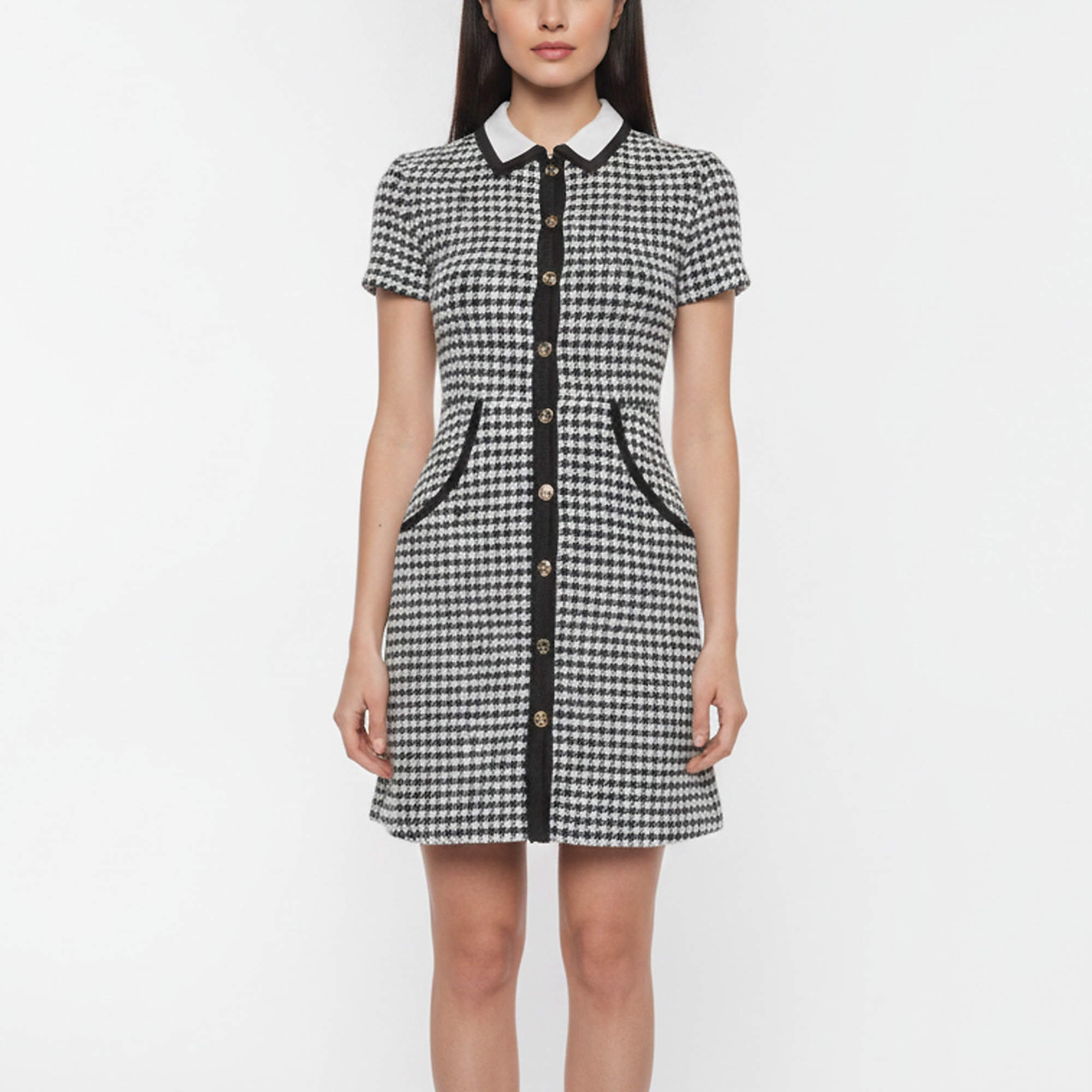 Pre Owned Maje White/Black Houndstooth Tweed Contrast Renaga Mini Dress XS
