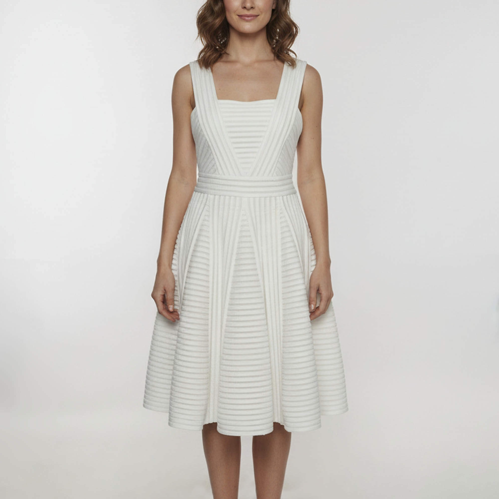 مملوكة مسبقًا Maje White Striped Mesh & Jersey Sleeveless Rodez Dress L 