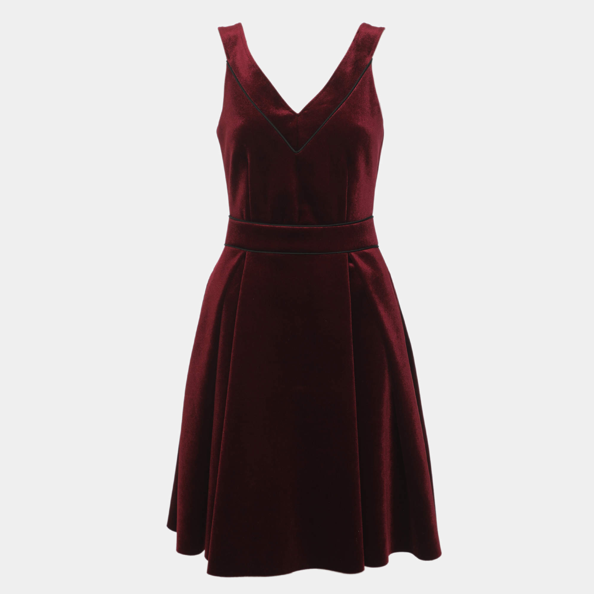 Pre Owned Maje Burgundy Velvet Sleeveless Flared Knee Length Dress S