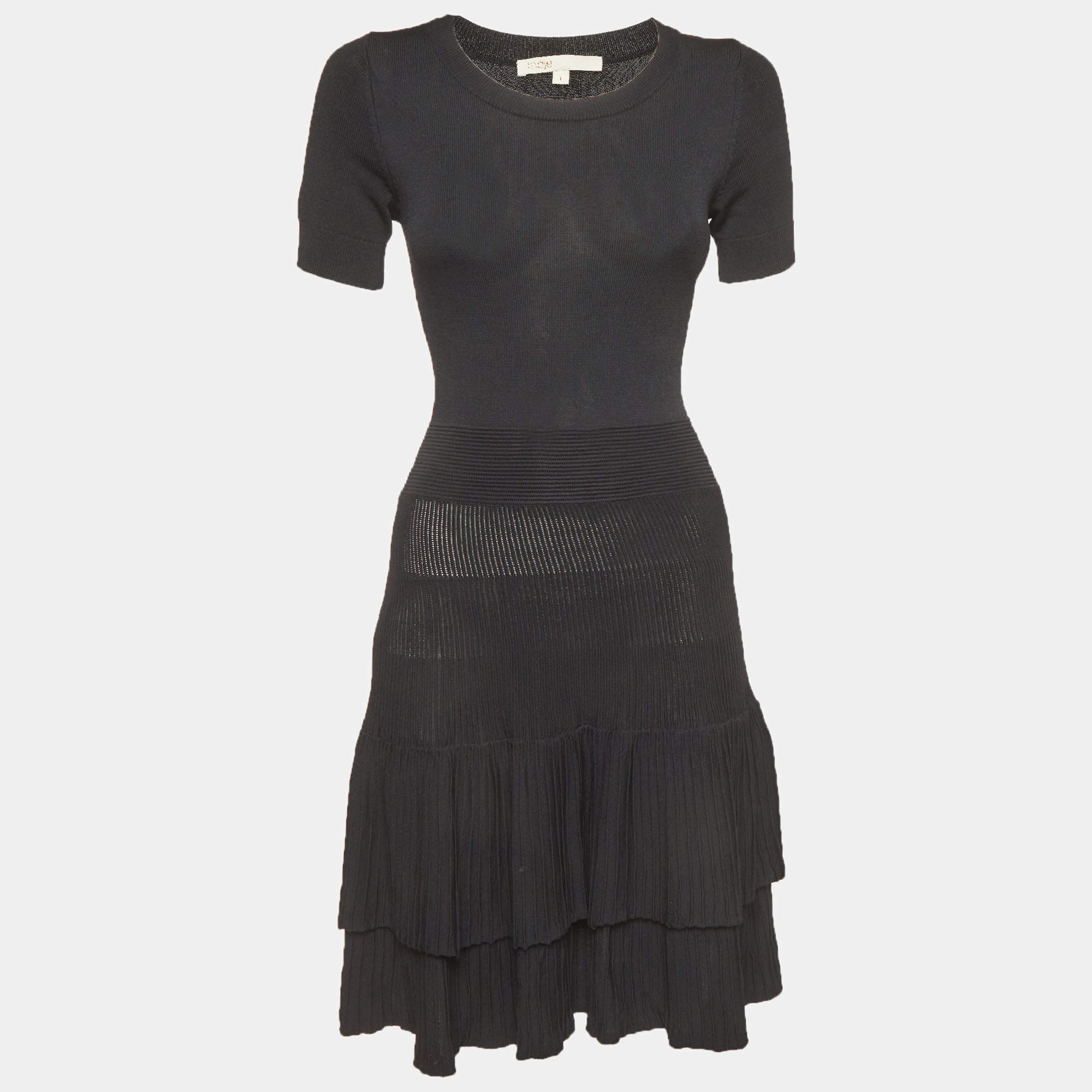 Pre Owned Maje Black Stretch Knit Tiered Raliano Mini Dress S