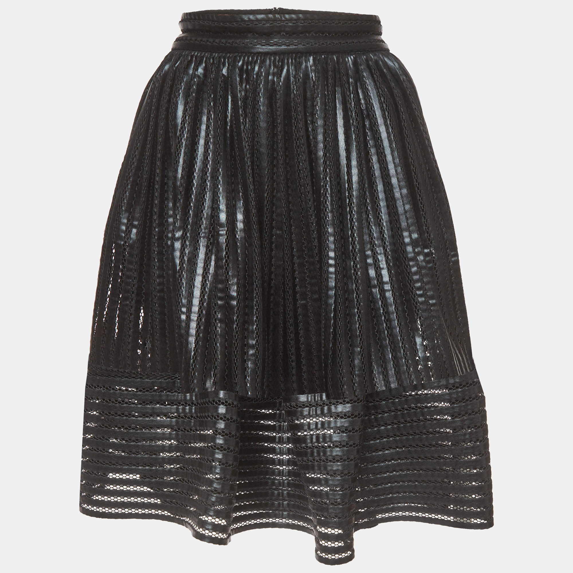 Pre Owned Maje Black Striped Coated Mesh Flared James Skirt S