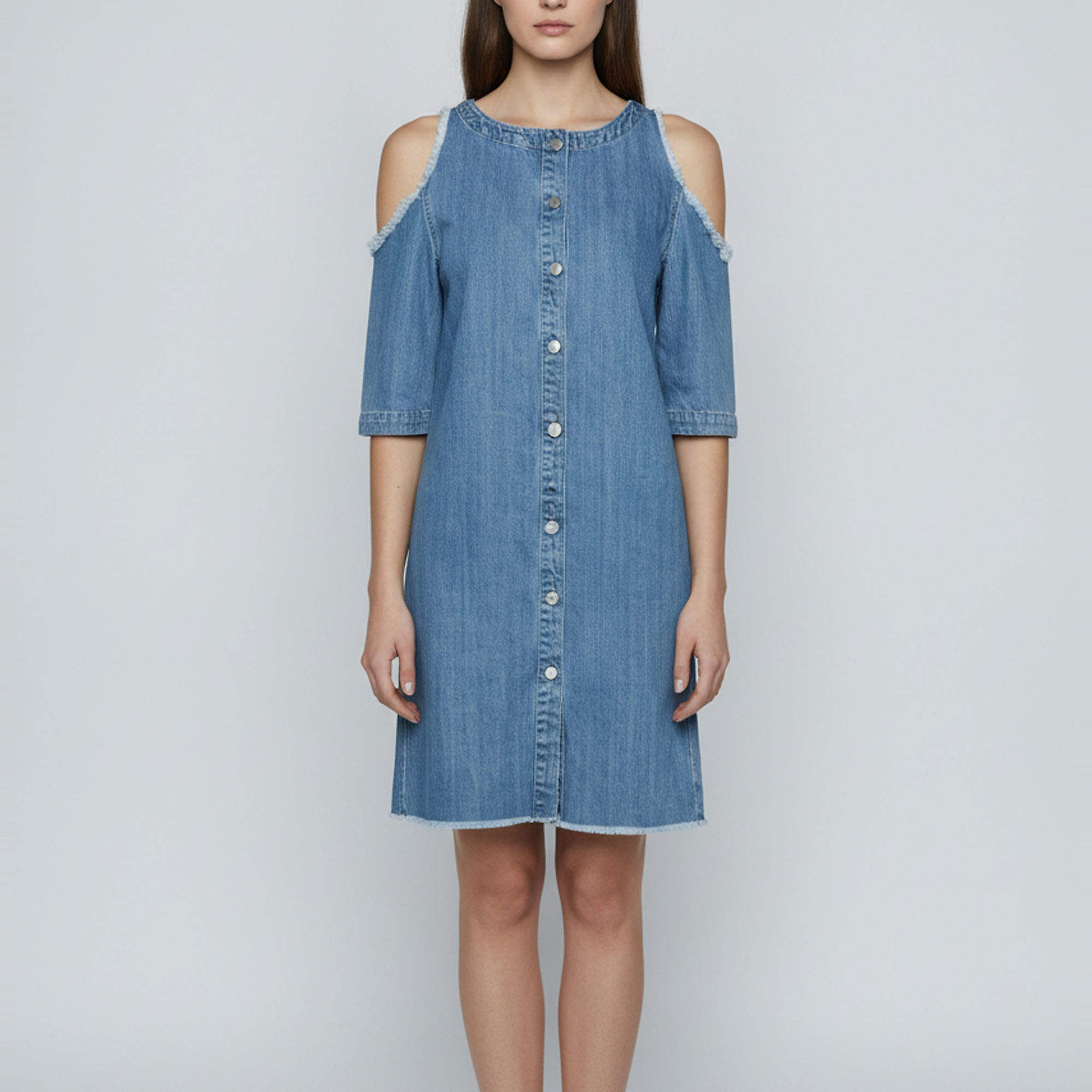 Pre Owned Maje Blue Denim Raki Cold Shoulder Mini Dress L