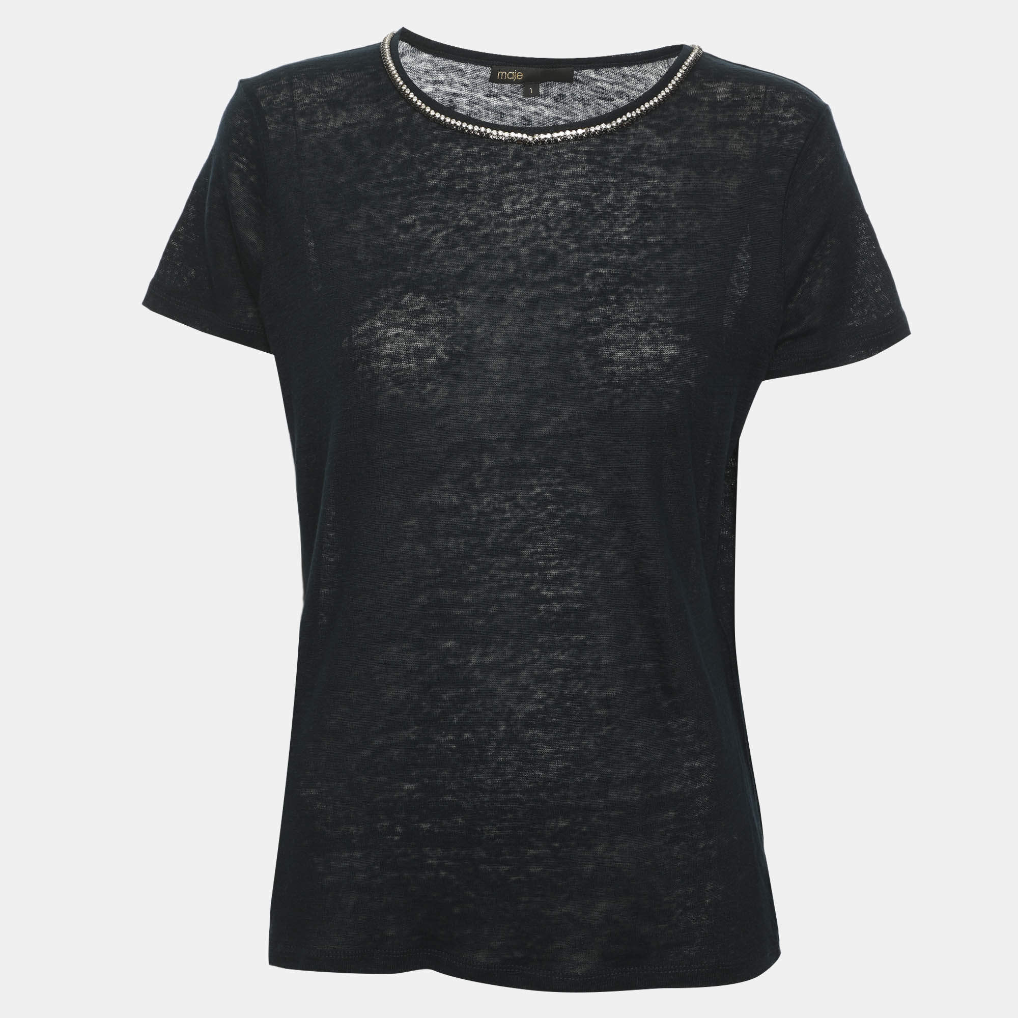 Pre Owned Maje Navy Blue Linen Crystal Neck Embellished Tops S