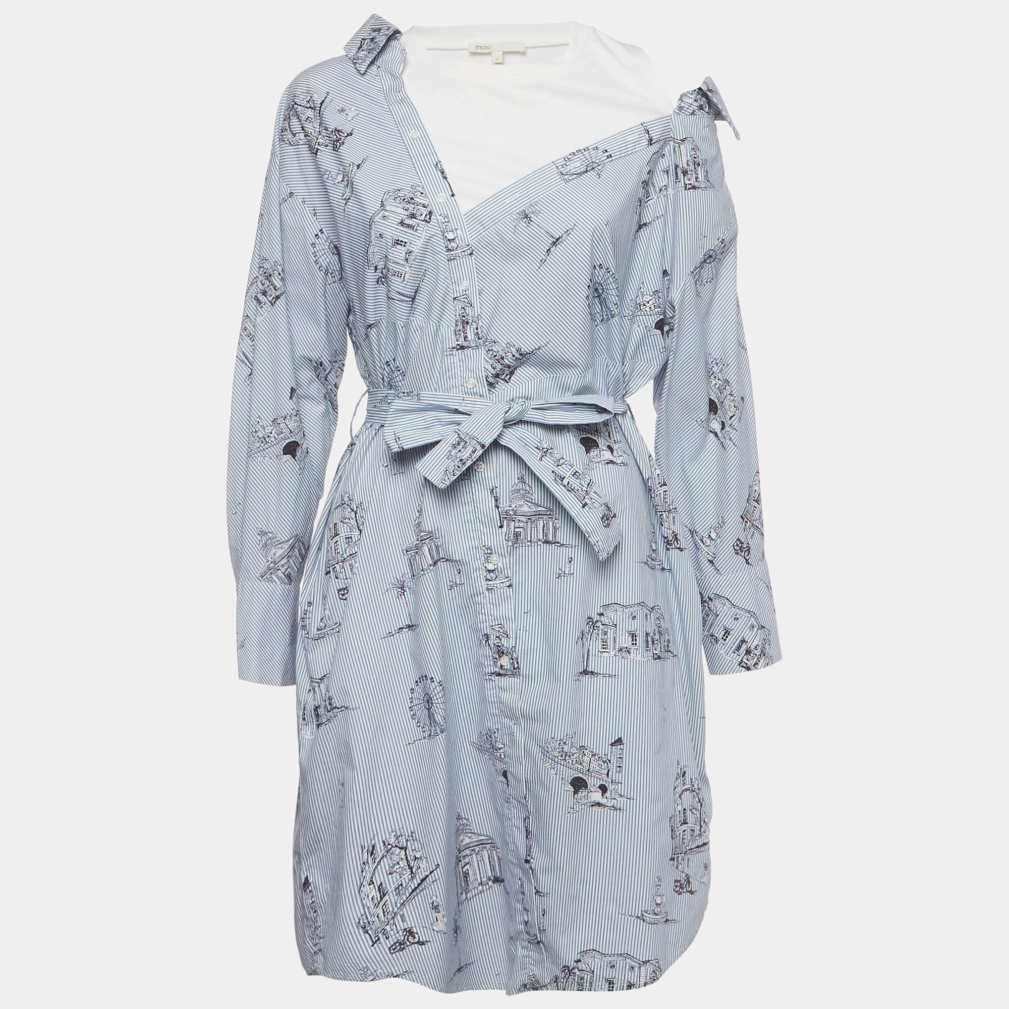 Pre Owned Maje Blue Striped Paris Print Poplin Rasane Shirt Dress S