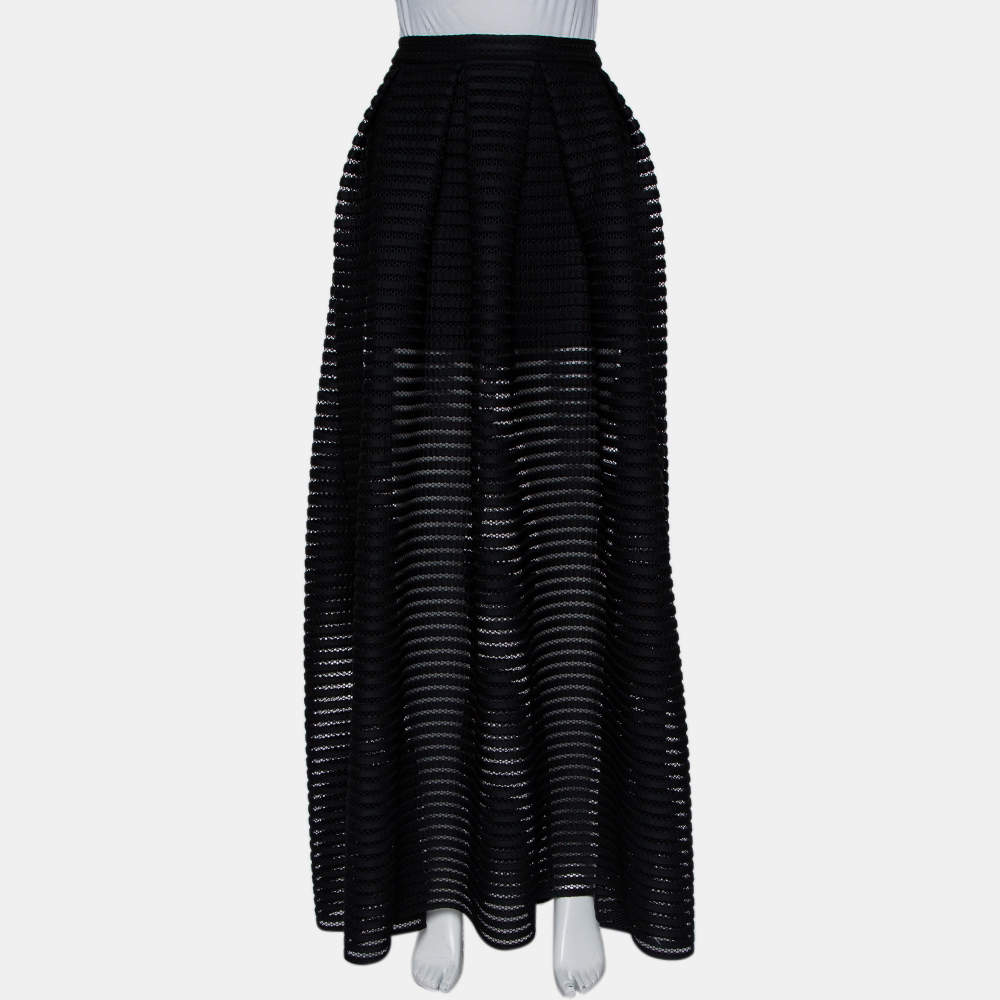 Pre Owned Maje Black Perforated Mesh Pleated Maxi Skirt M