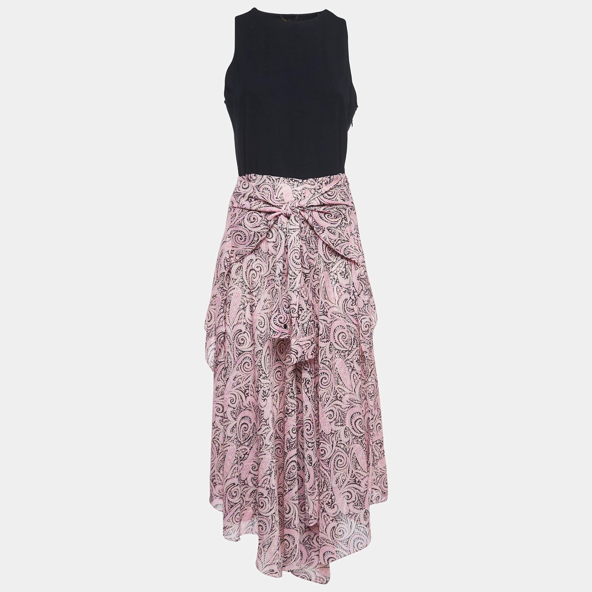 Pre Owned Maje Black/Rose Paisley Print Crepe Asymmetric Midi Dress M