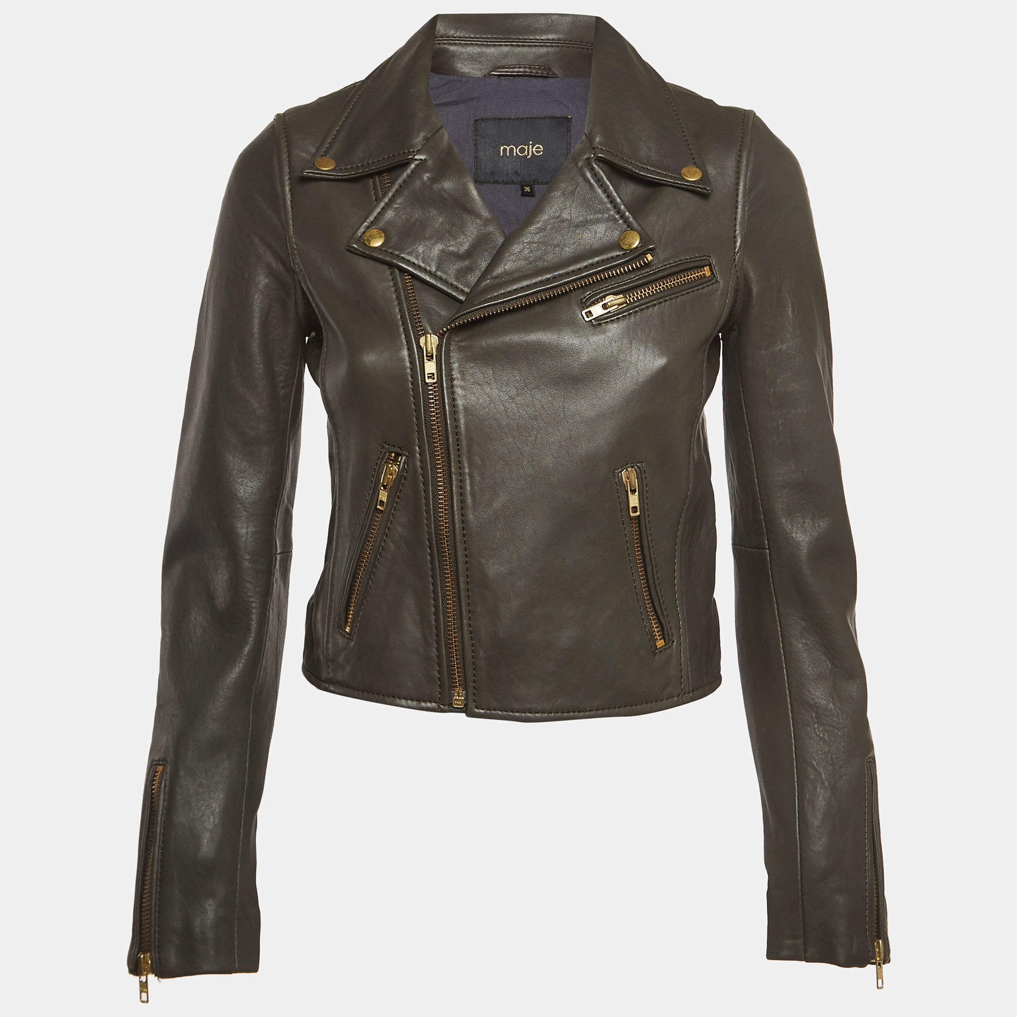 Maje Brown Leather Zipper Biker Jacket S
